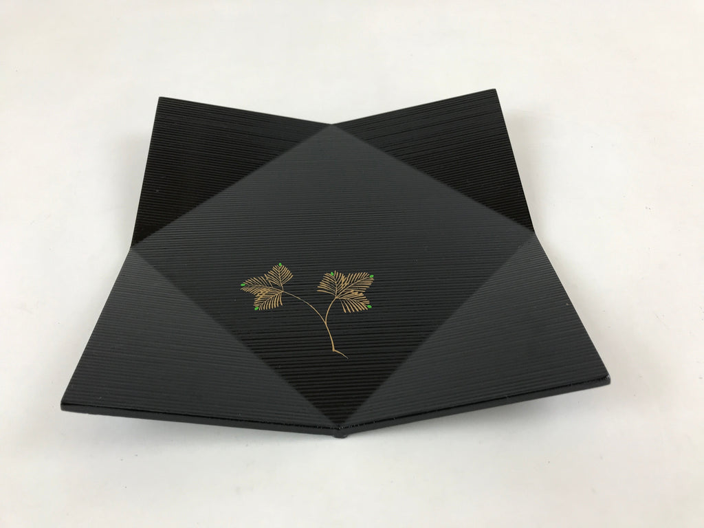 Japanese Lacquered Wood Serving Tray Makie Leaves Vtg Plate Square Black LWB78