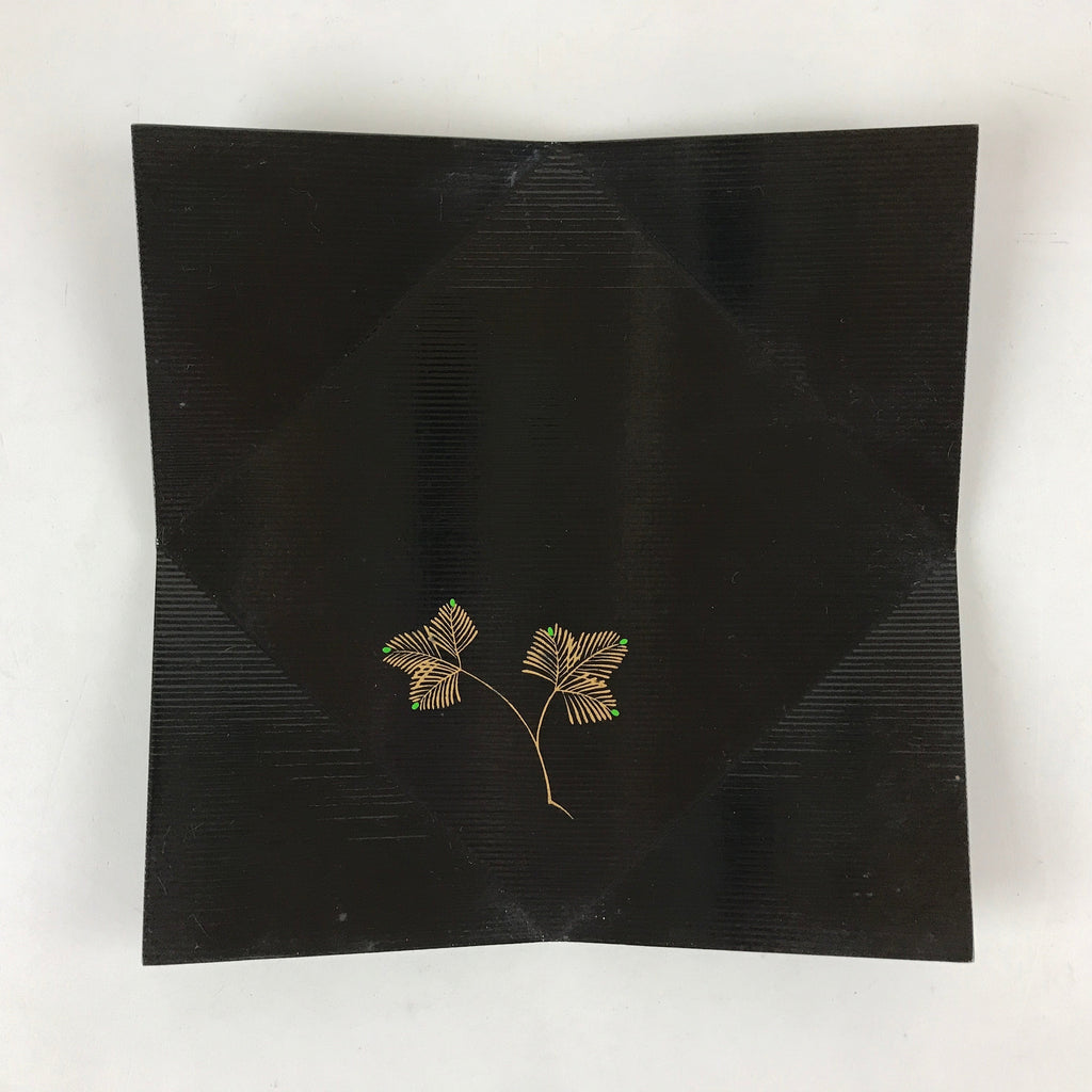 Japanese Lacquered Wood Serving Tray Makie Leaves Vtg Plate Square Black LWB78