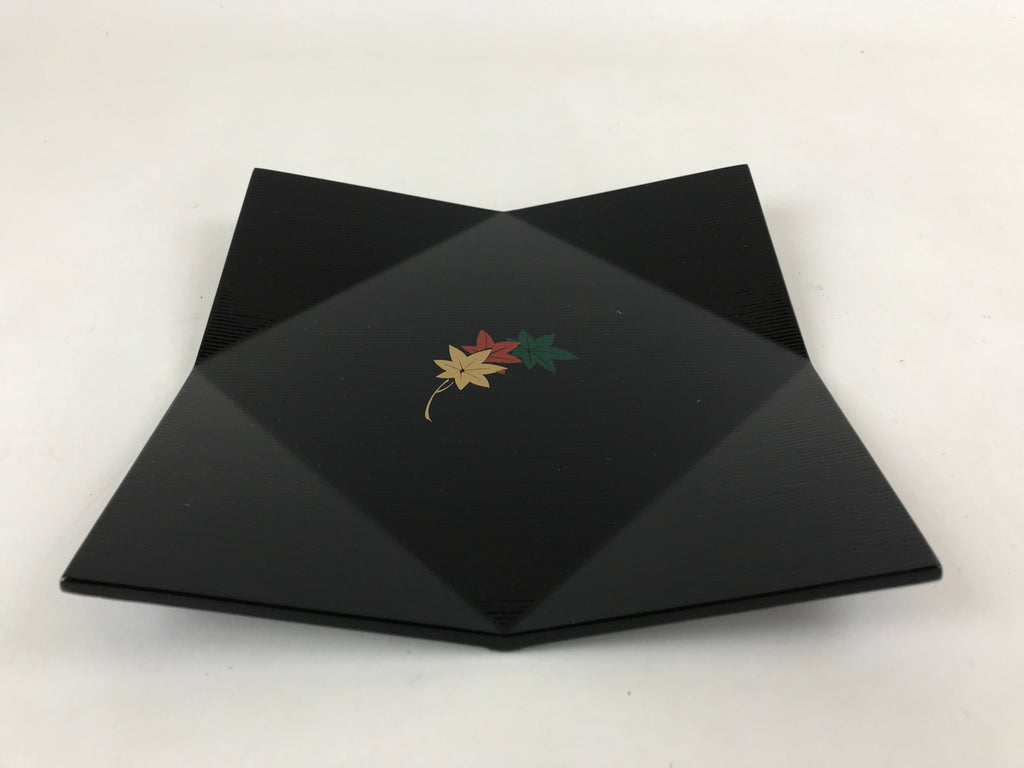 Japanese Lacquered Wood Serving Tray Makie Leaves Vtg Plate Square Black LWB79