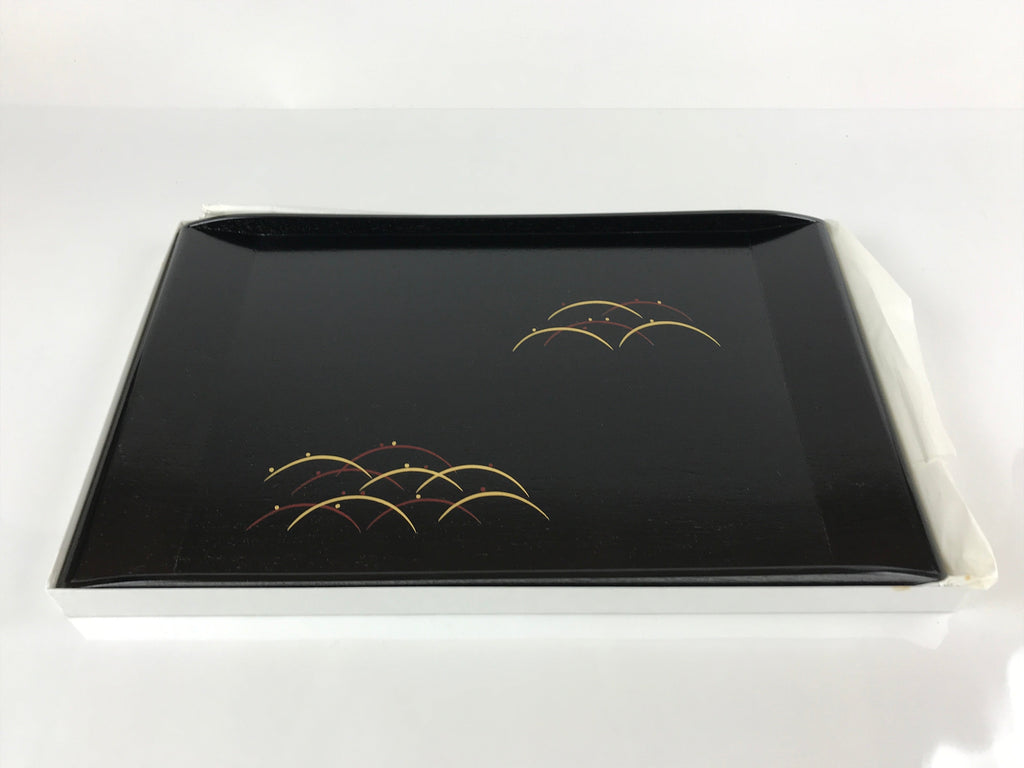 Japanese Lacquered Wood Serving Tray Obon Makie Tsuyu Shiba Grass Black LWB89
