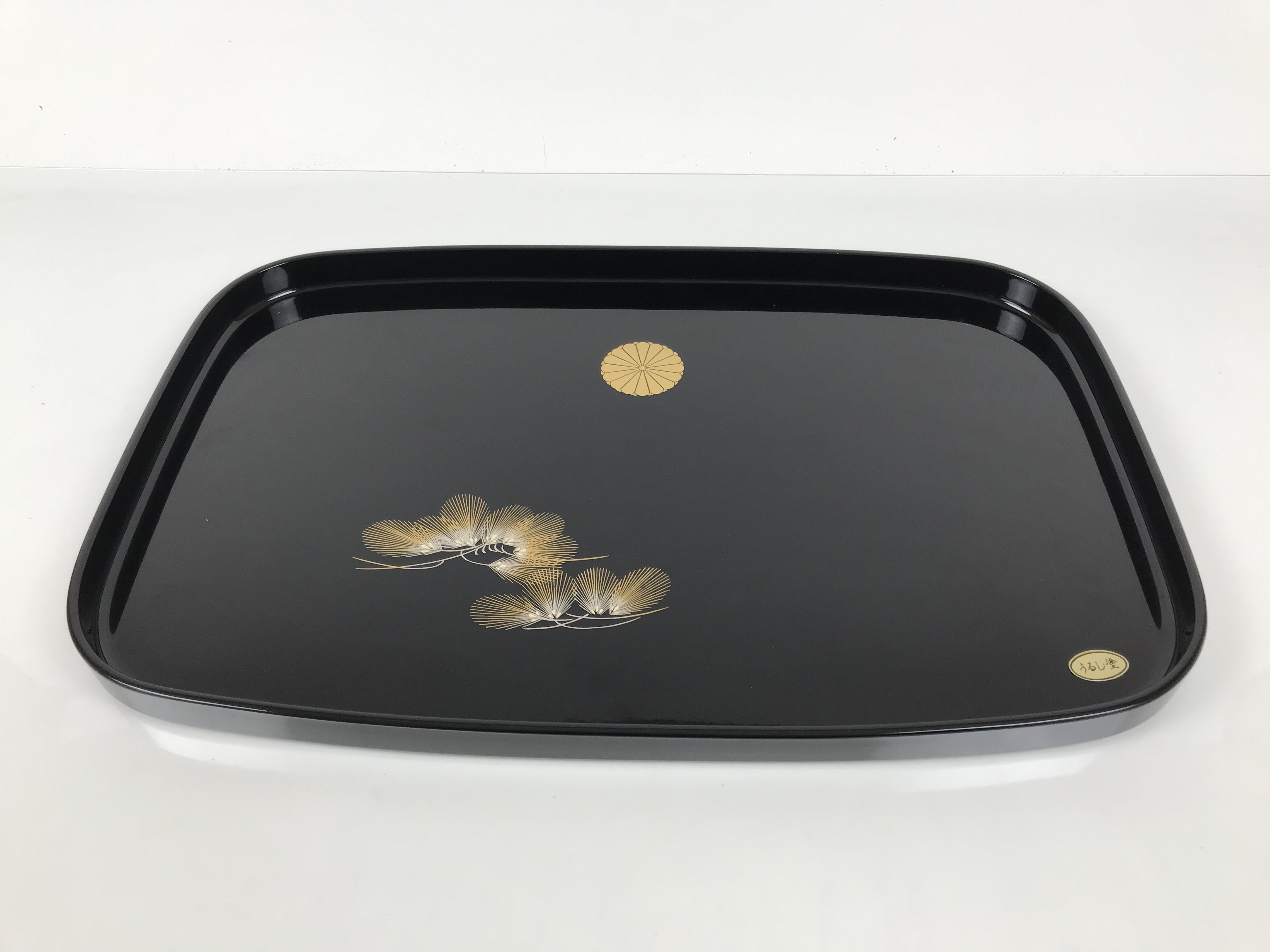 Japanese Lacquered Wood Serving Tray Obon Rectangle Black Gold Makie Pine L590