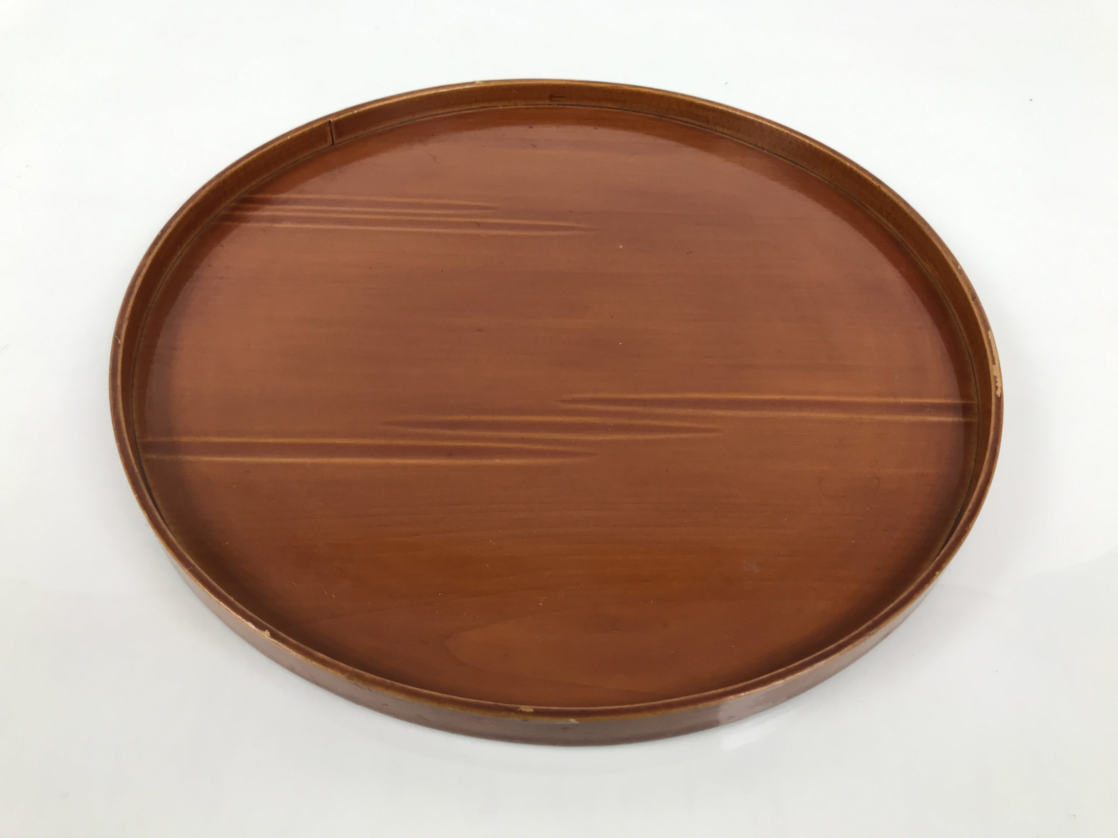 Japanese Lacquered Wood Serving Tray Obon Vtg Hida Shunkei Round Brown Line L568