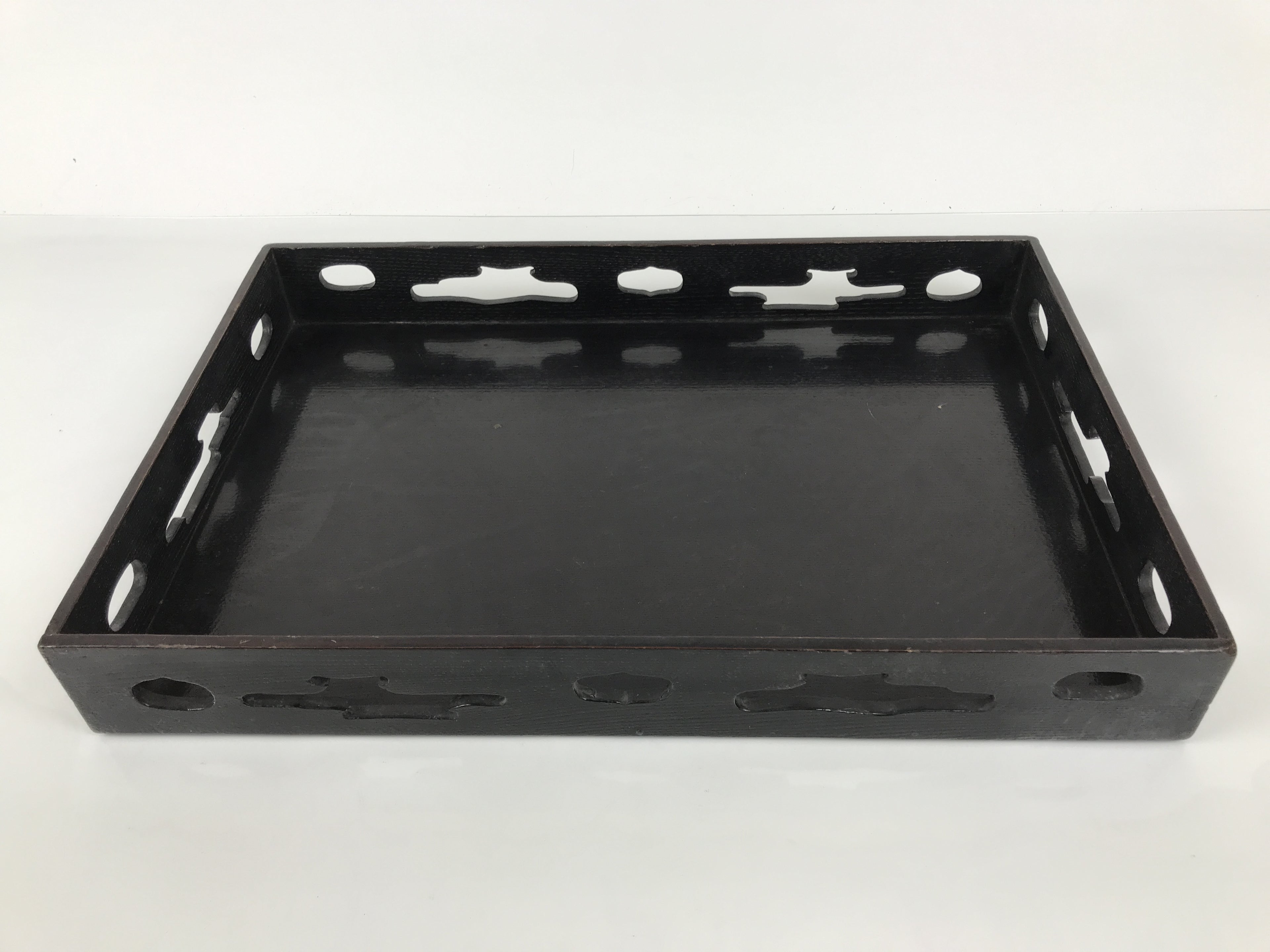 Japanese Lacquered Wood Serving Tray Obon Vtg Rectangle Black Cutout Design L584