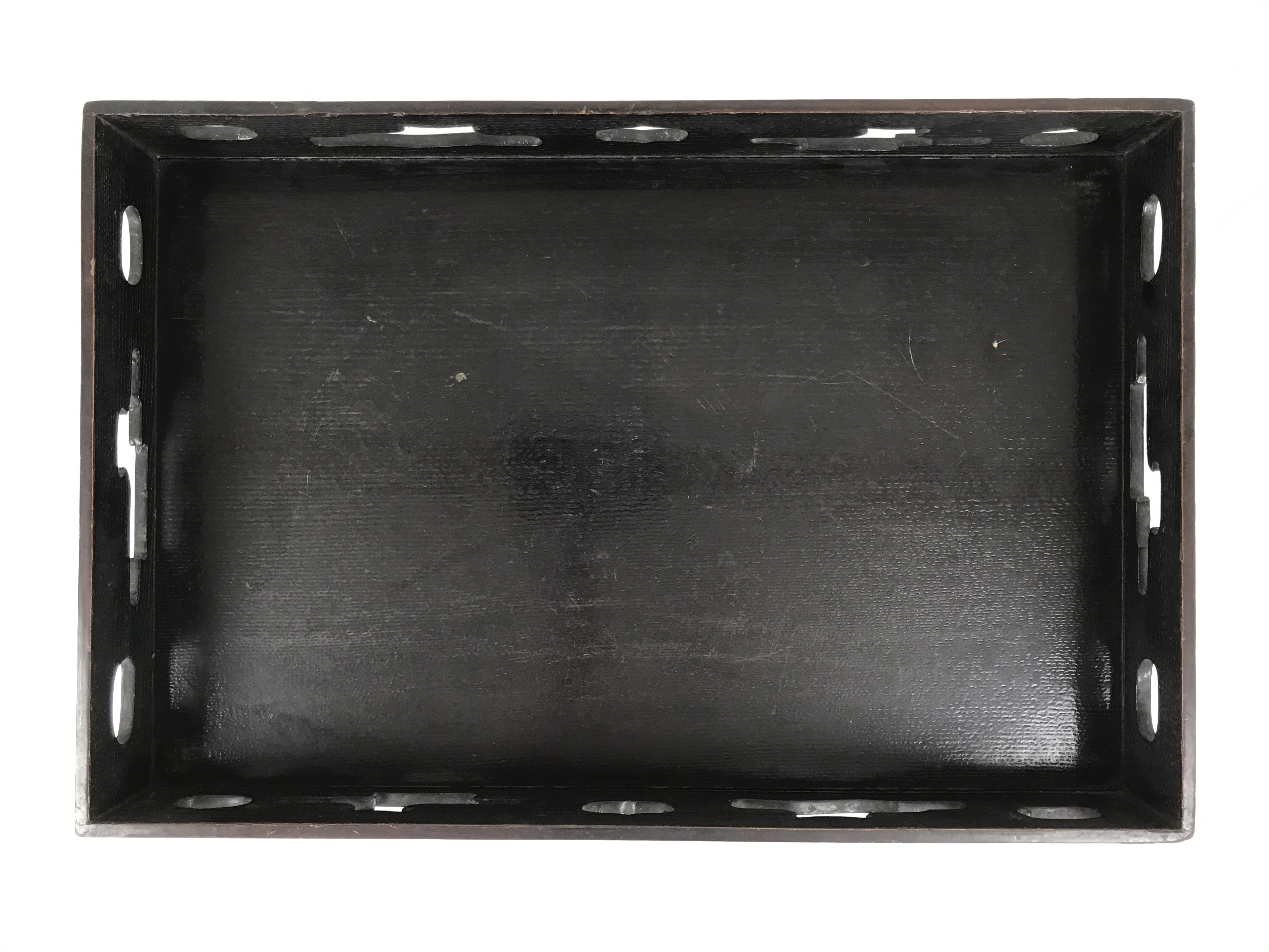 Japanese Lacquered Wood Serving Tray Obon Vtg Rectangle Black Cutout Design L584