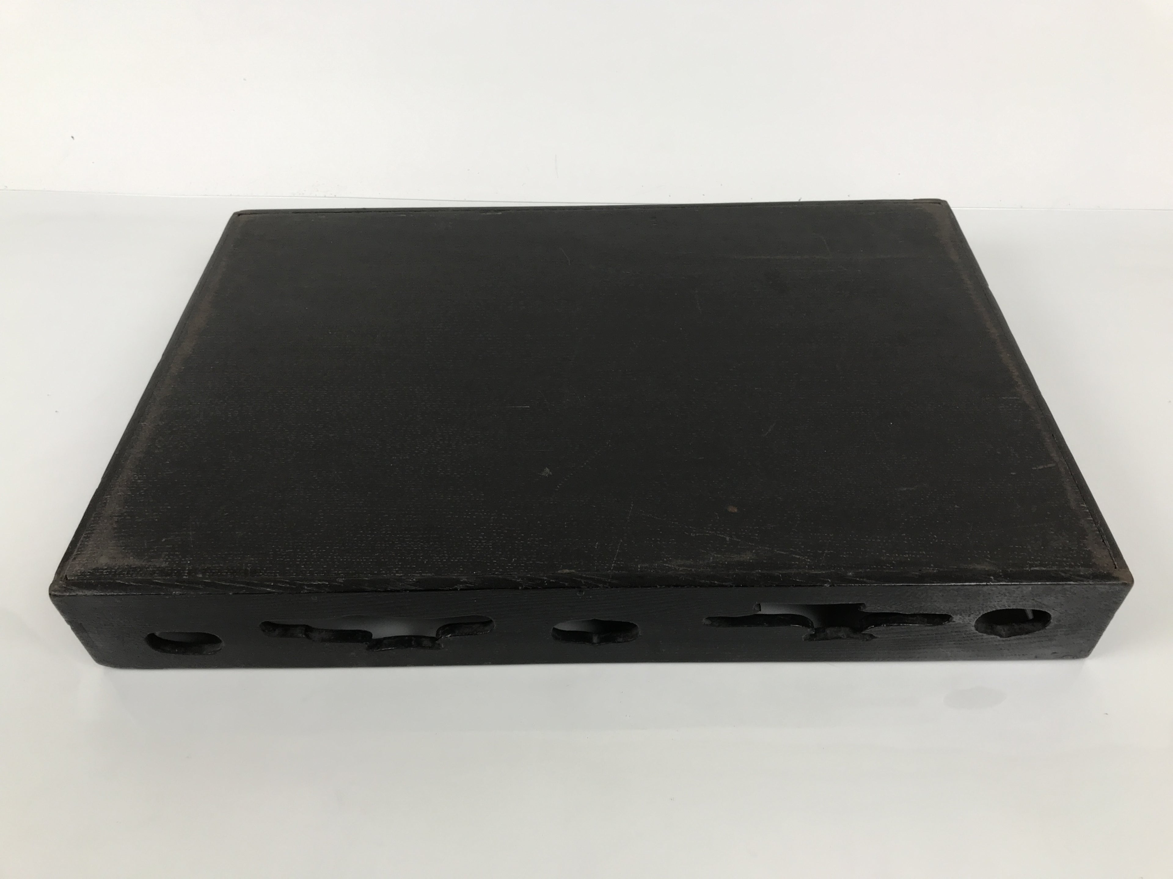 Japanese Lacquered Wood Serving Tray Obon Vtg Rectangle Black Cutout Design L584