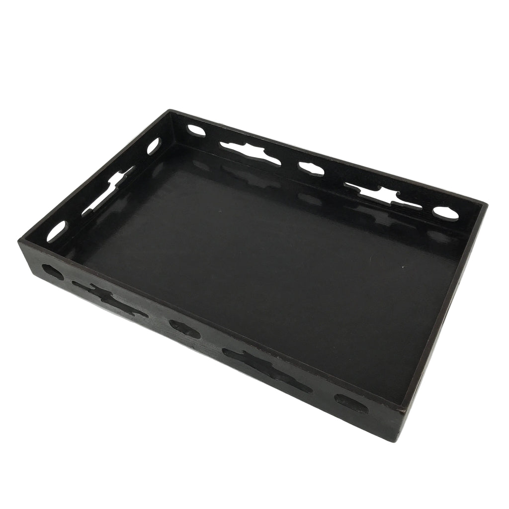 Japanese Lacquered Wood Serving Tray Obon Vtg Rectangle Black Cutout Design L584
