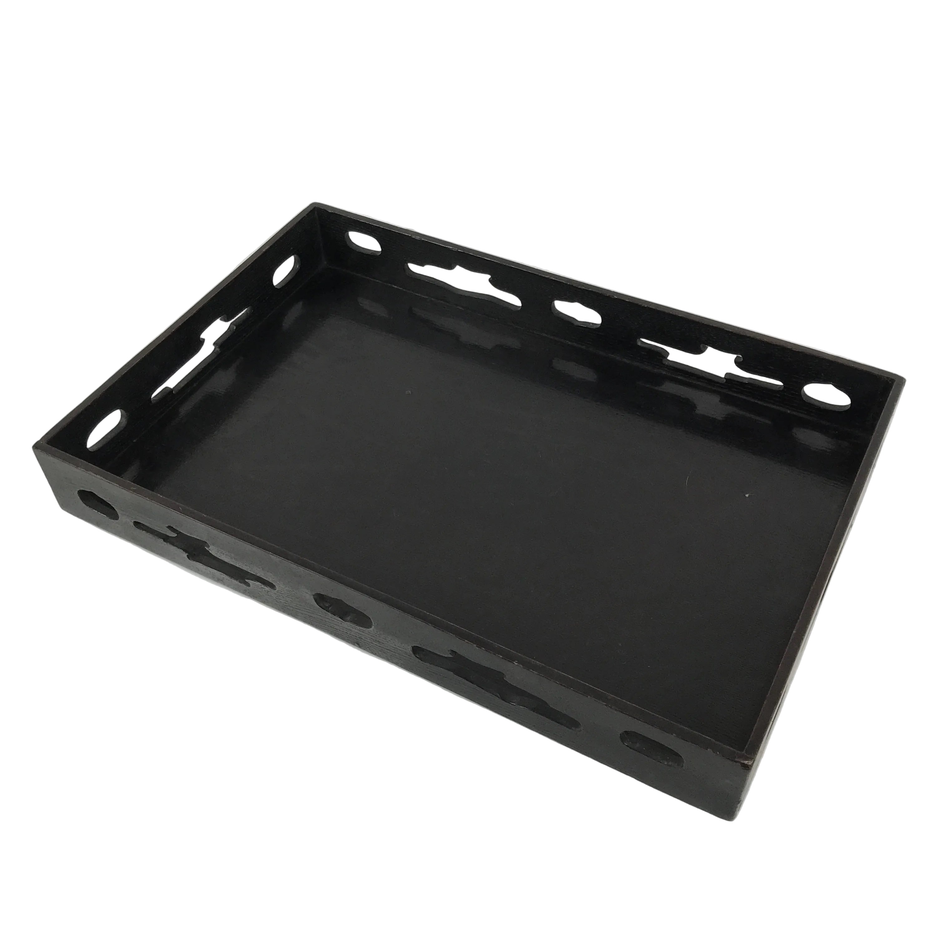 Japanese Lacquered Wood Serving Tray Obon Vtg Rectangle Black Cutout Design L584