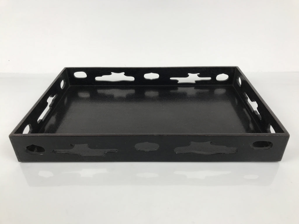 Japanese Lacquered Wood Serving Tray Obon Vtg Rectangle Black Cutout Design L585