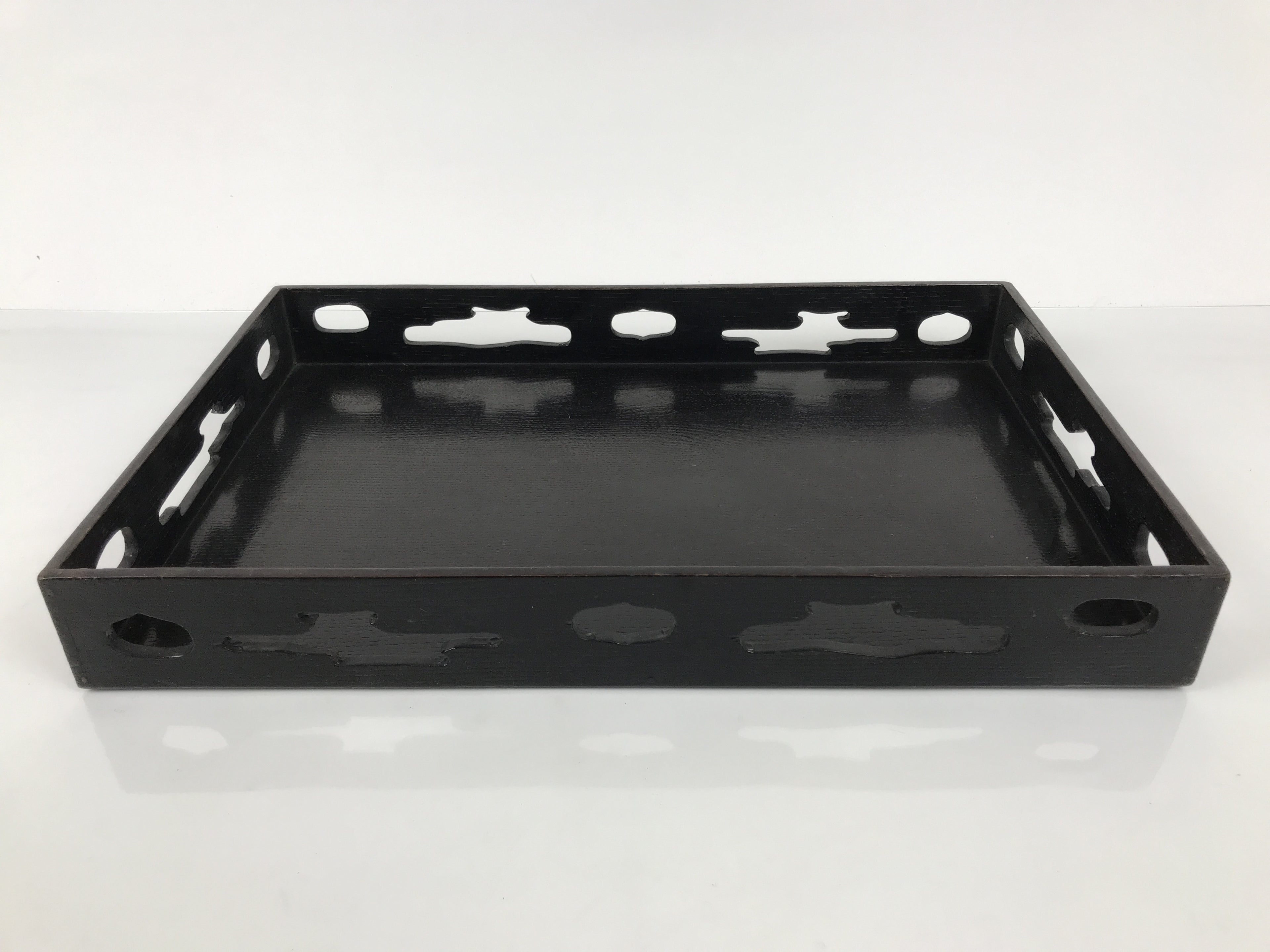 Japanese Lacquered Wood Serving Tray Obon Vtg Rectangle Black Cutout Design L585