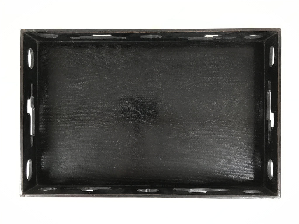 Japanese Lacquered Wood Serving Tray Obon Vtg Rectangle Black Cutout Design L585