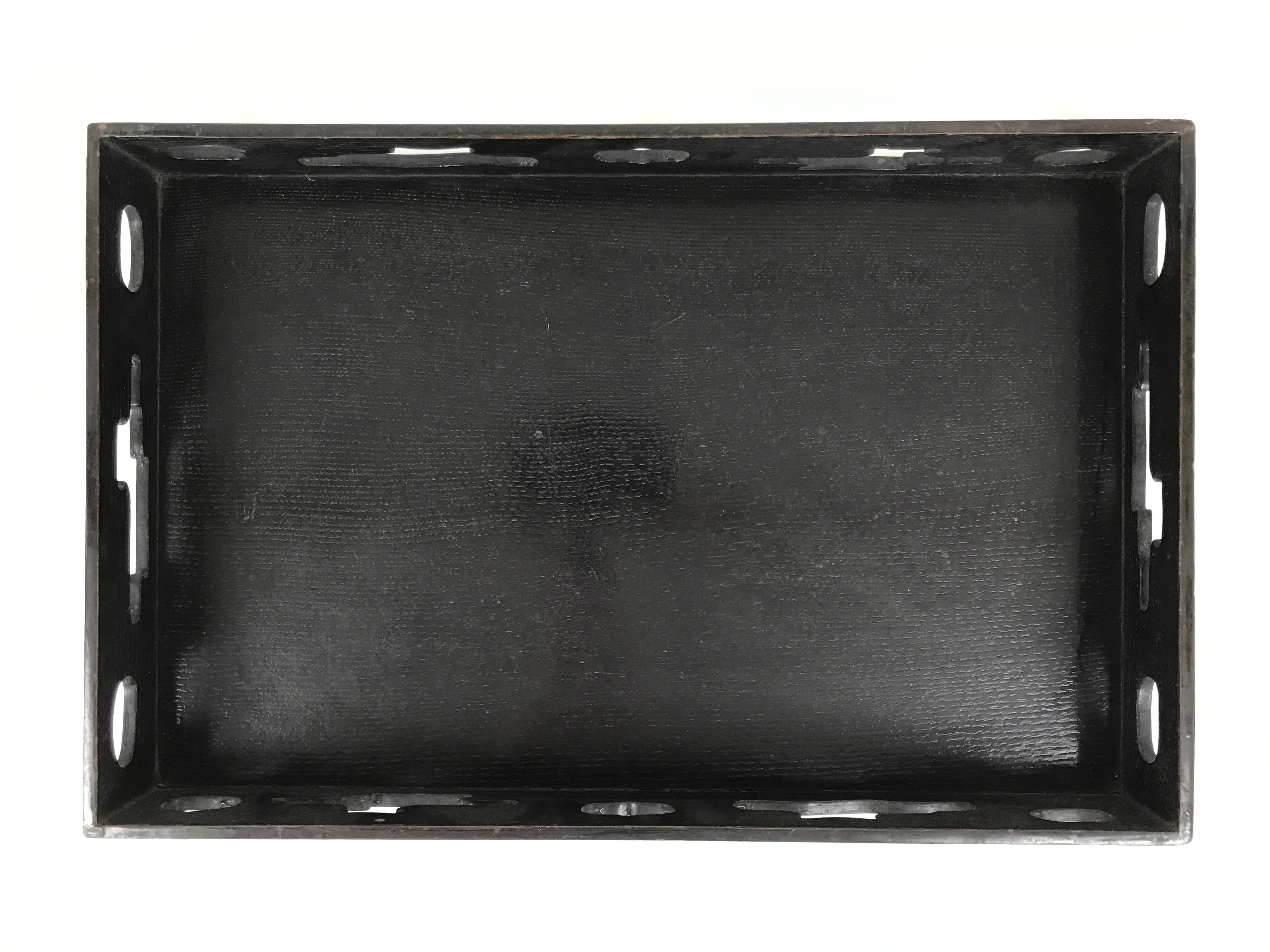 Japanese Lacquered Wood Serving Tray Obon Vtg Rectangle Black Cutout Design L585