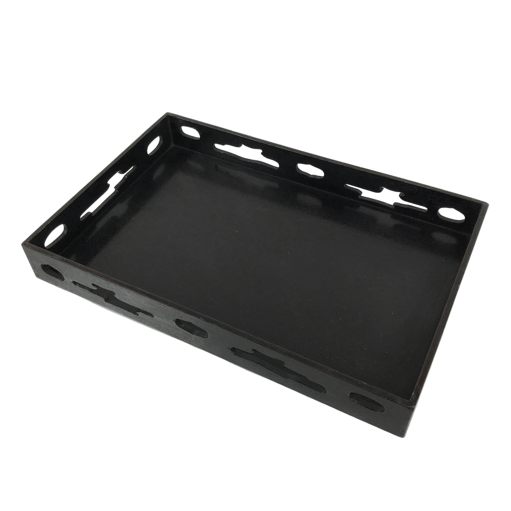 Japanese Lacquered Wood Serving Tray Obon Vtg Rectangle Black Cutout Design L585