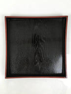 Japanese Lacquered Wood Serving Tray Obon Vtg Square Curved Red Edge Black L571