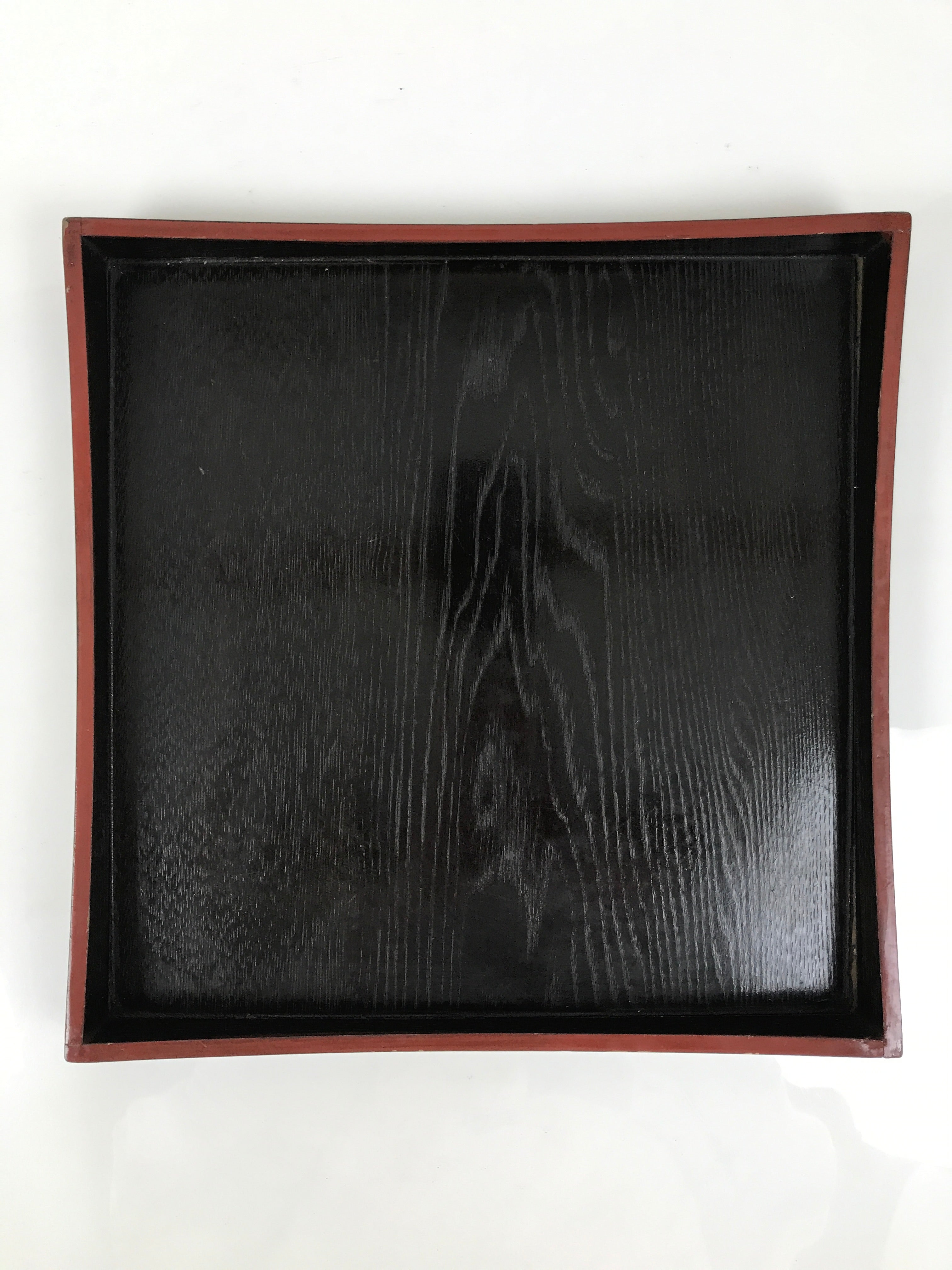 Japanese Lacquered Wood Serving Tray Obon Vtg Square Curved Red Edge Black L571