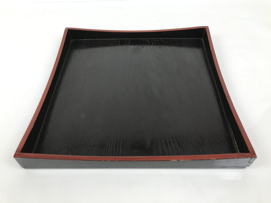 Japanese Lacquered Wood Serving Tray Obon Vtg Square Curved Red Edge Black L571