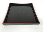 Japanese Lacquered Wood Serving Tray Obon Vtg Square Curved Red Edge Black L573
