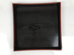 Japanese Lacquered Wood Serving Tray Obon Vtg Square Curved Red Edge Black L574