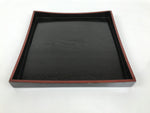 Japanese Lacquered Wood Serving Tray Obon Vtg Square Curved Red Edge Black L574