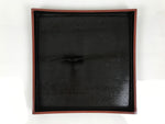 Japanese Lacquered Wood Serving Tray Obon Vtg Square Curved Red Edge Black L575