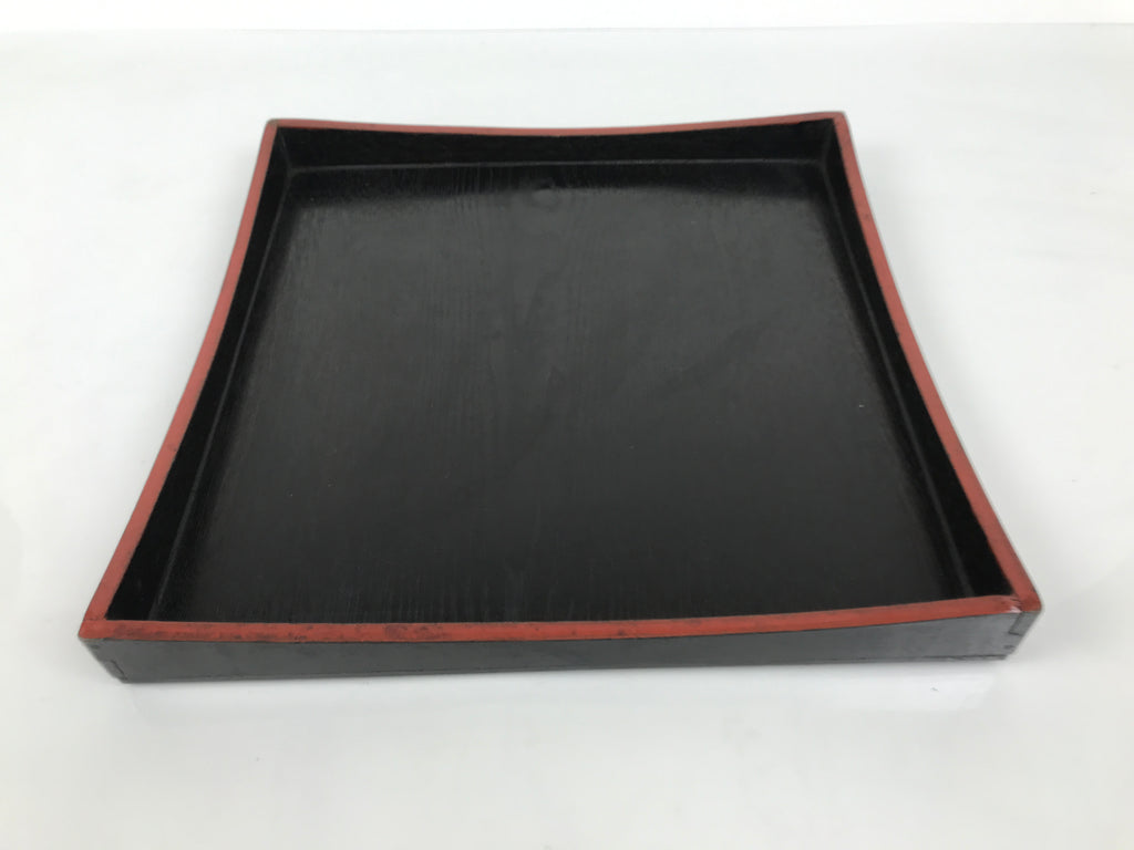 Japanese Lacquered Wood Serving Tray Obon Vtg Square Curved Red Edge Black L576