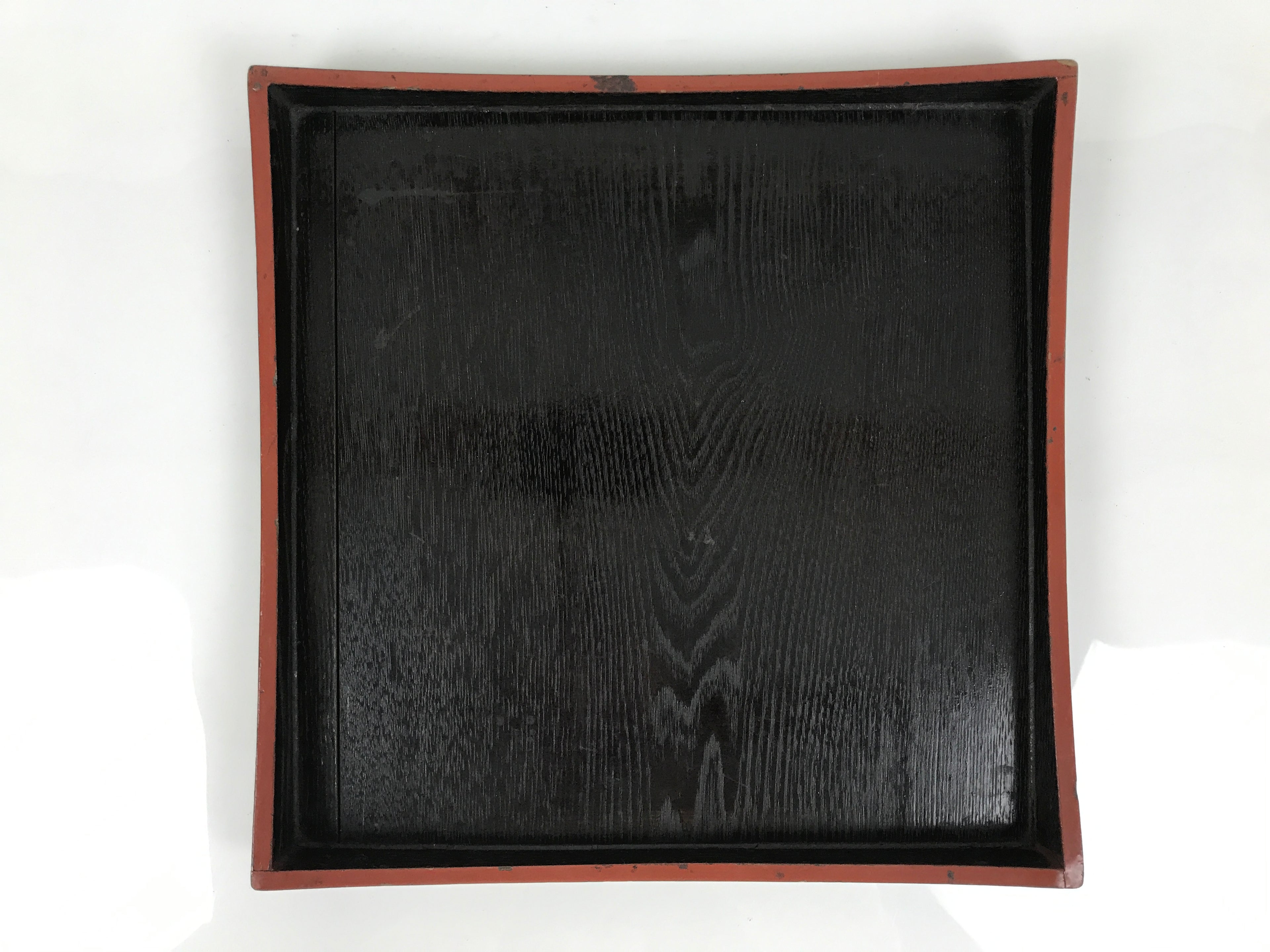 Japanese Lacquered Wood Serving Tray Obon Vtg Square Curved Red Edge Black L577