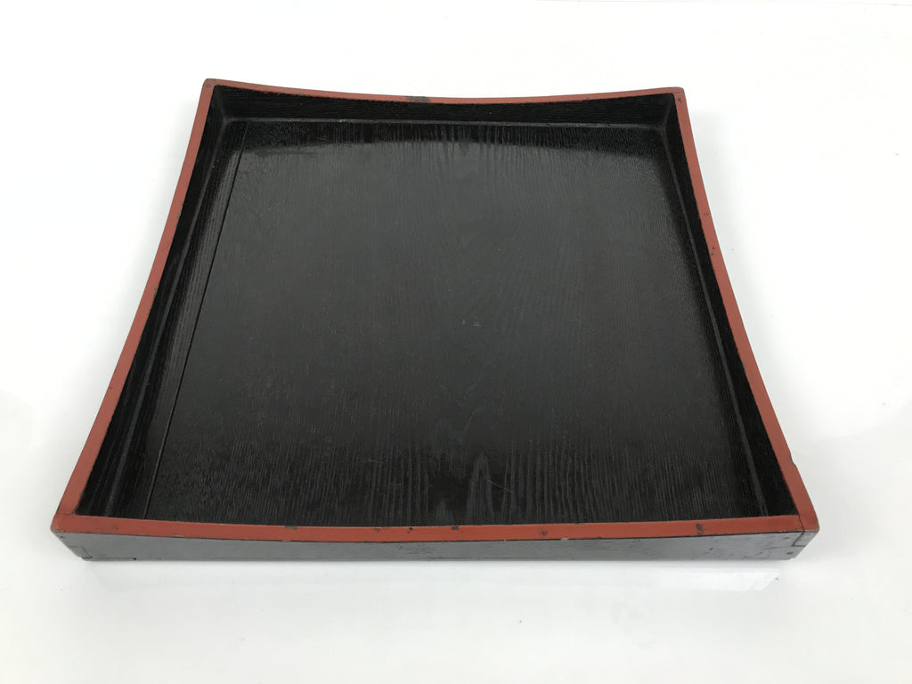 Japanese Lacquered Wood Serving Tray Obon Vtg Square Curved Red Edge Black L577