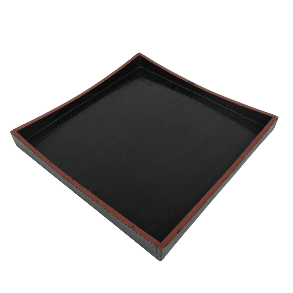 Japanese Lacquered Wood Serving Tray Obon Vtg Square Curved Red Edge Black L577