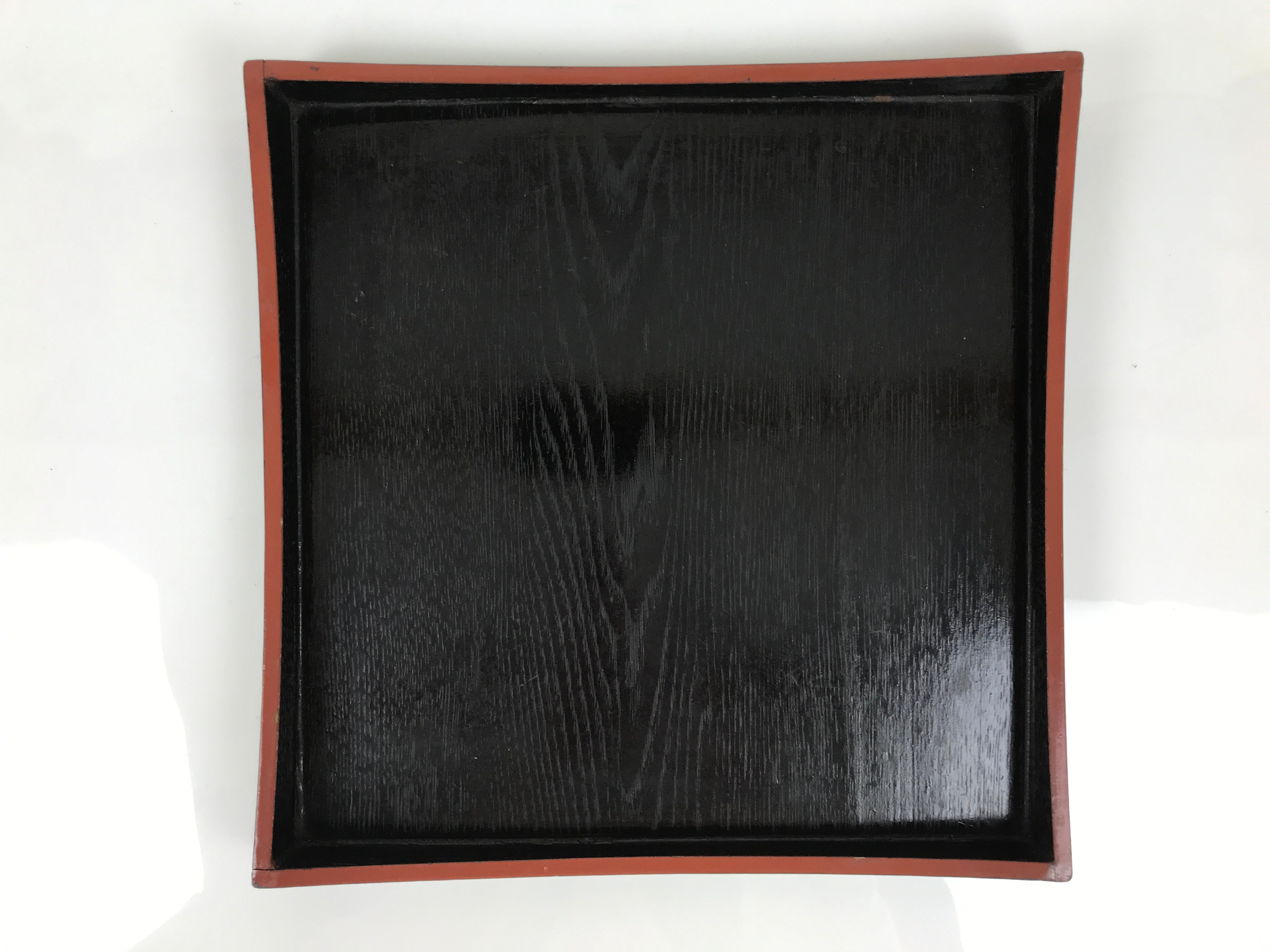 Japanese Lacquered Wood Serving Tray Obon Vtg Square Curved Red Edge Black L578