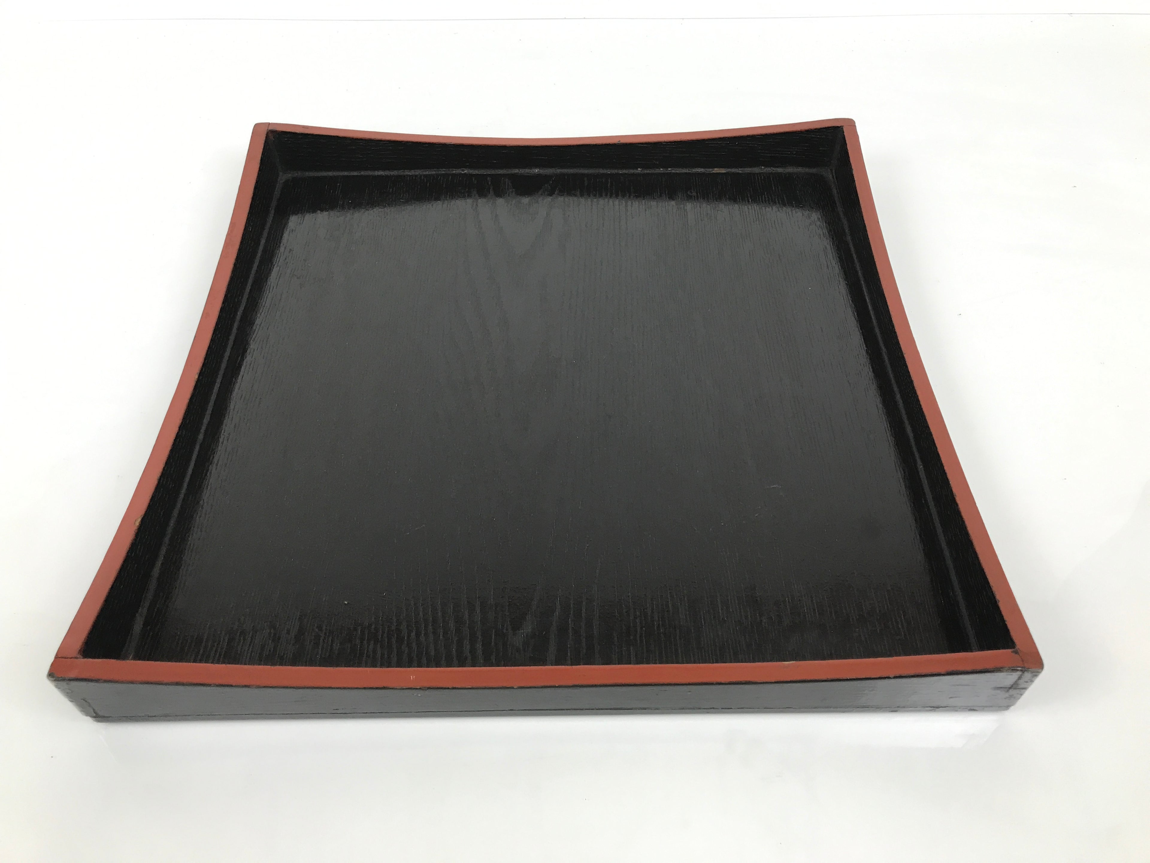 Japanese Lacquered Wood Serving Tray Obon Vtg Square Curved Red Edge Black L578