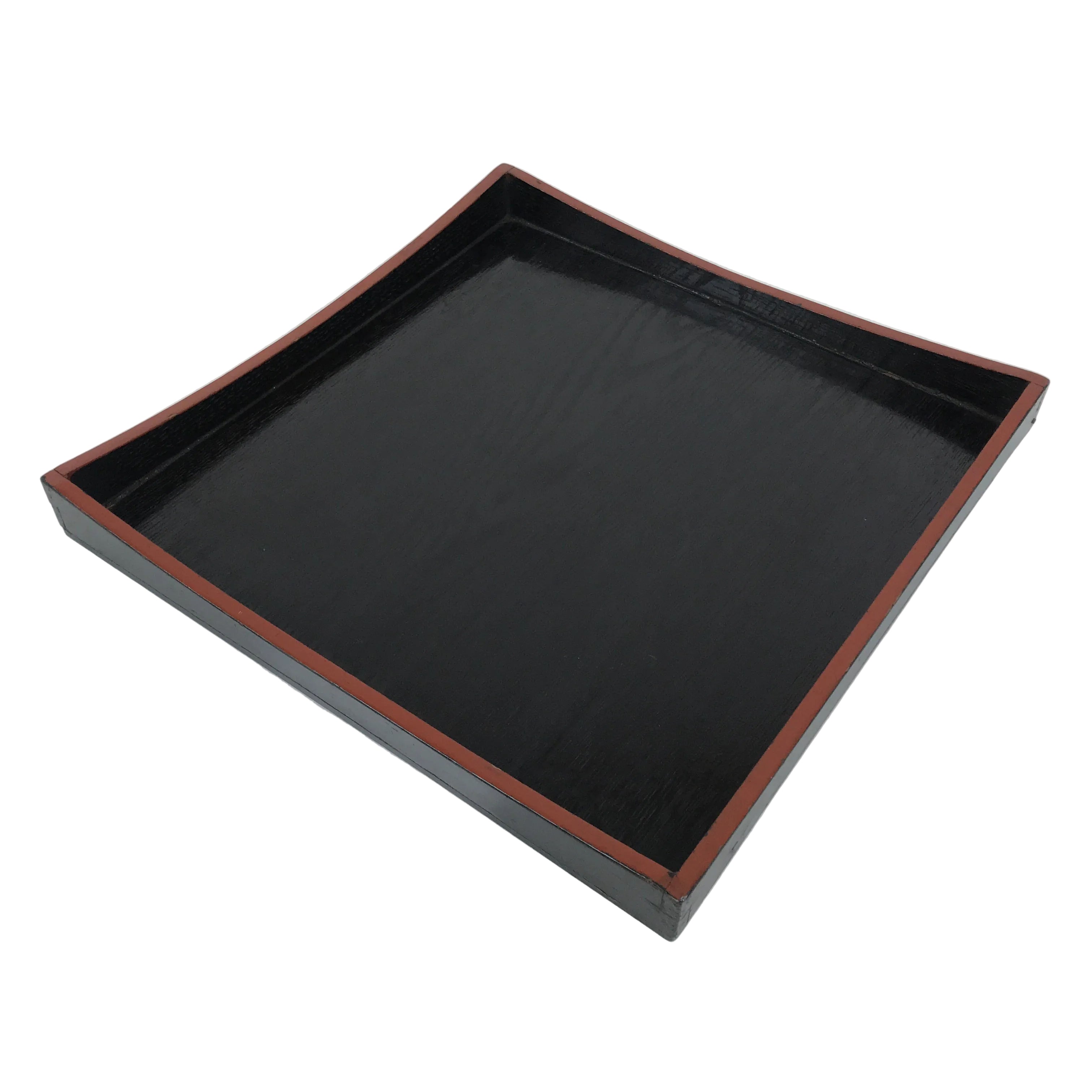 Japanese Lacquered Wood Serving Tray Obon Vtg Square Curved Red Edge Black L578