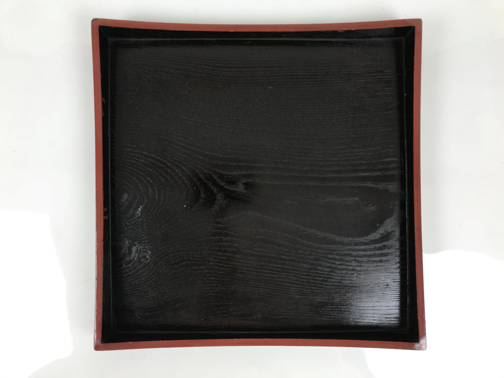 Japanese Lacquered Wood Serving Tray Obon Vtg Square Curved Red Edge Black L579