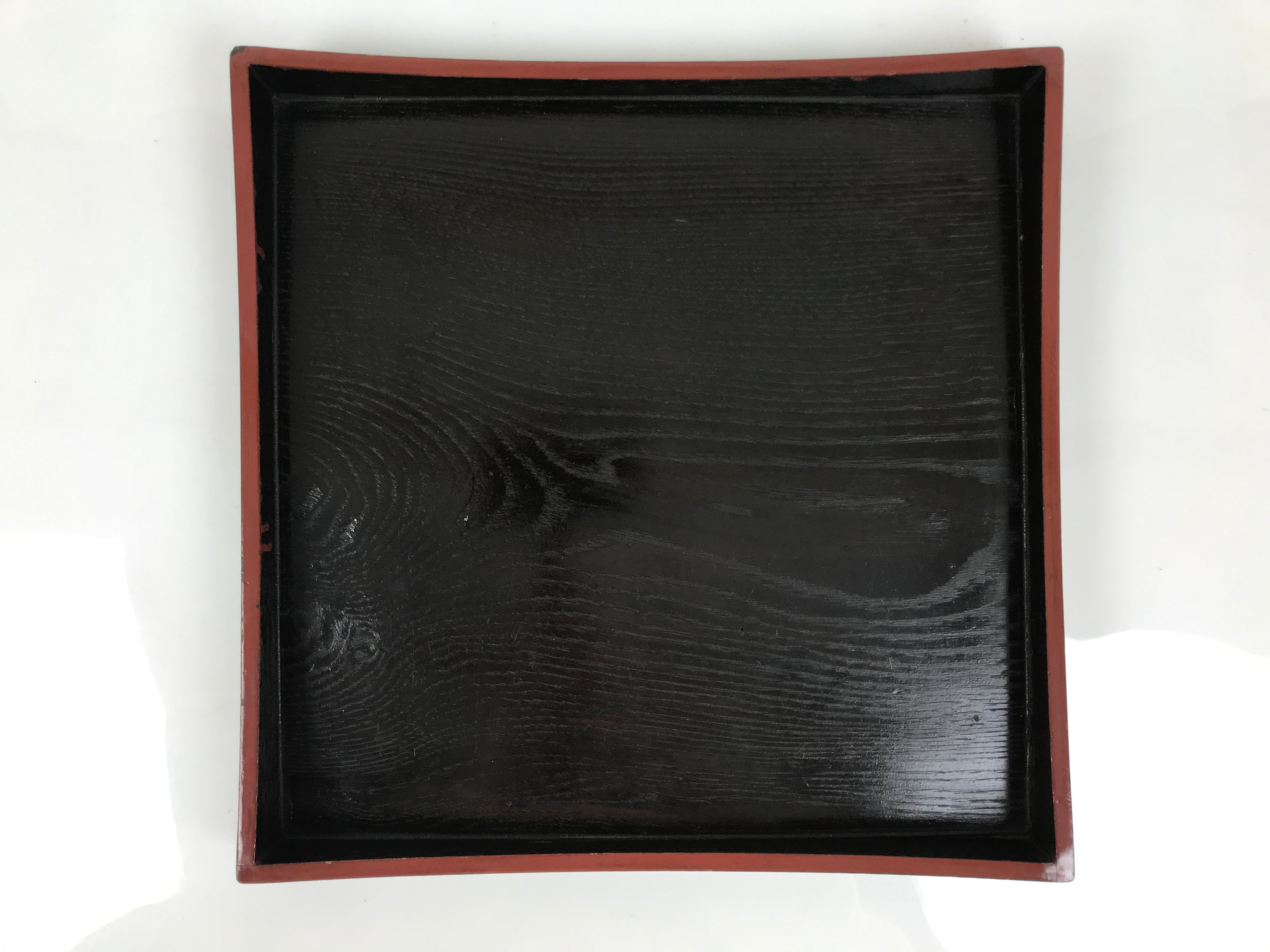 Japanese Lacquered Wood Serving Tray Obon Vtg Square Curved Red Edge Black L579