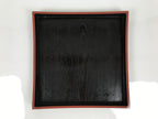 Japanese Lacquered Wood Serving Tray Obon Vtg Square Curved Red Edge Black L580