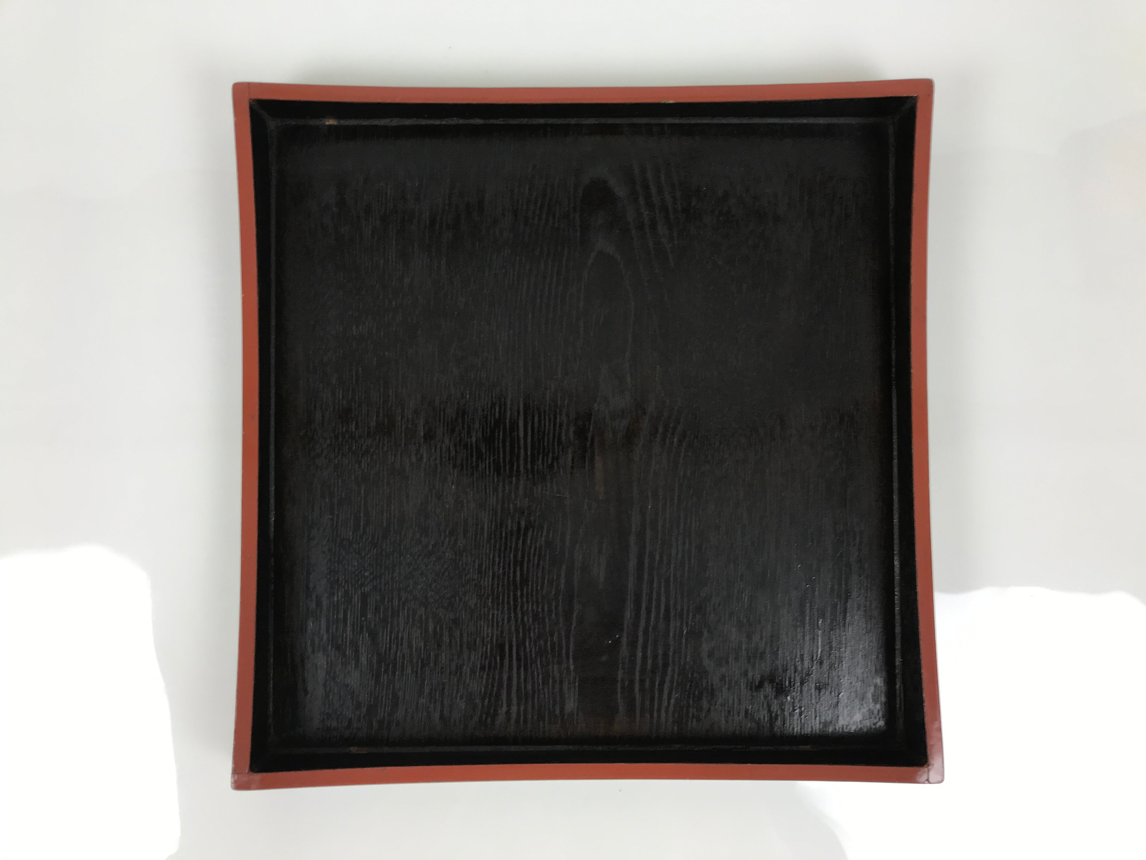 Japanese Lacquered Wood Serving Tray Obon Vtg Square Curved Red Edge Black L580