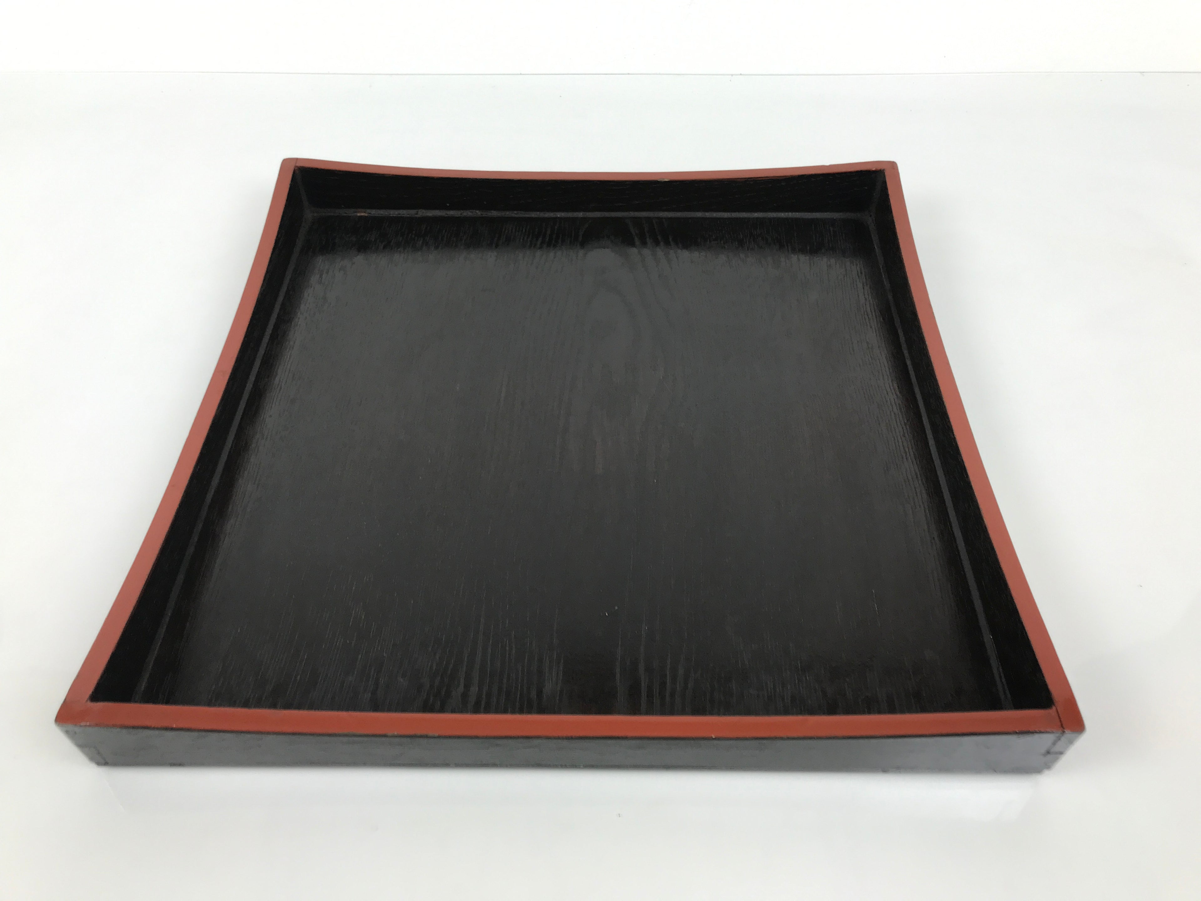 Japanese Lacquered Wood Serving Tray Obon Vtg Square Curved Red Edge Black L580