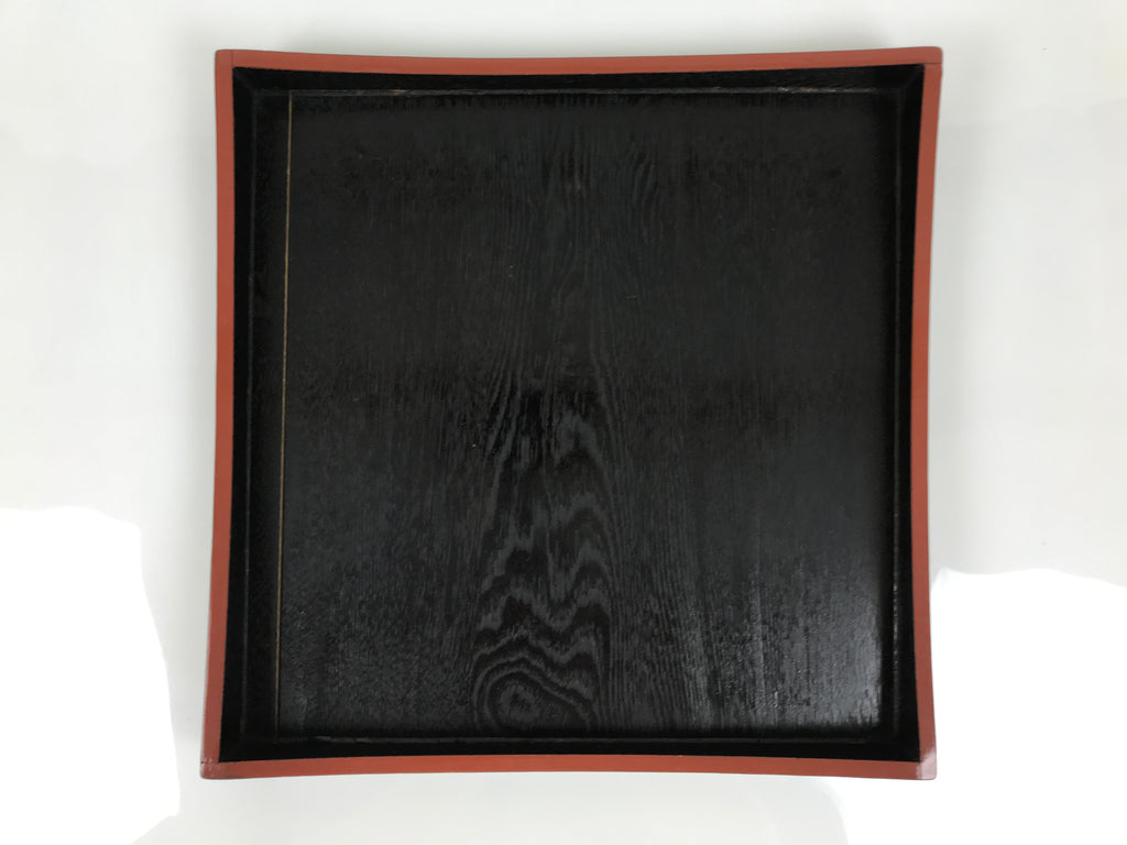 Japanese Lacquered Wood Serving Tray Obon Vtg Square Curved Red Edge Black L581