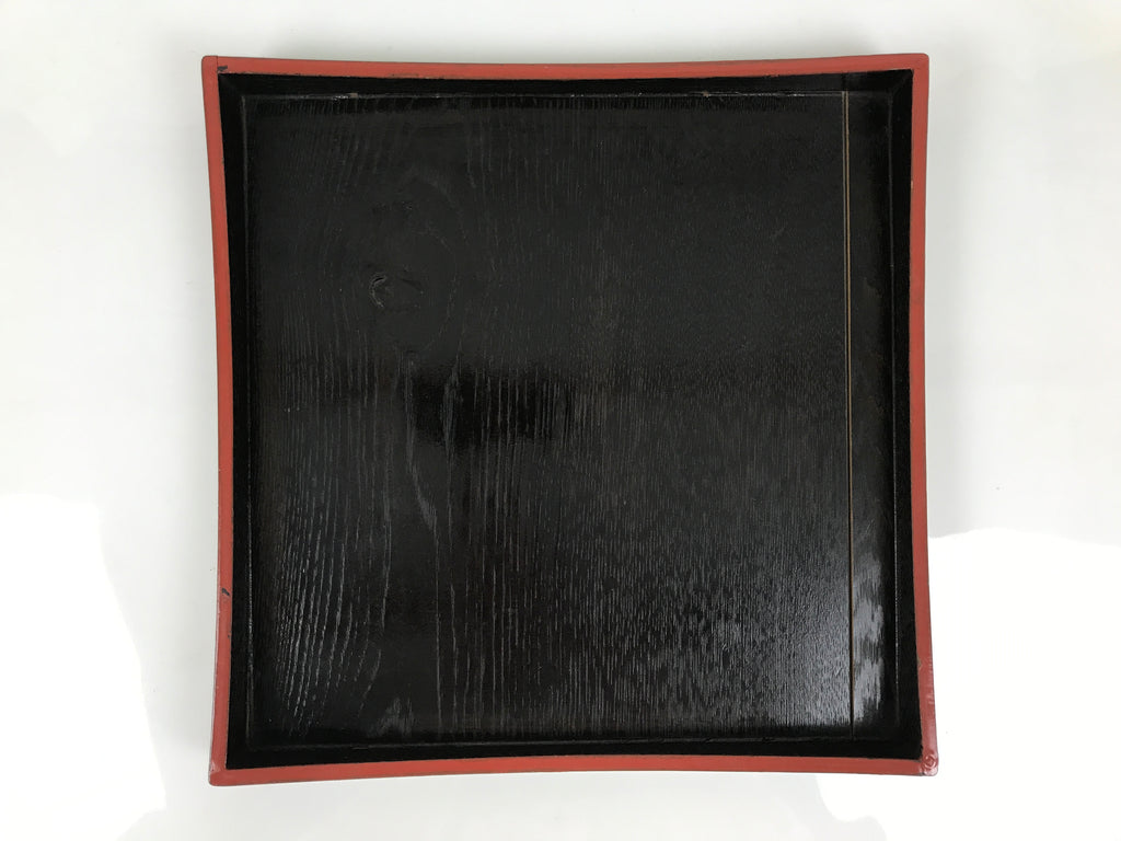 Japanese Lacquered Wood Serving Tray Obon Vtg Square Curved Red Edge Black L582