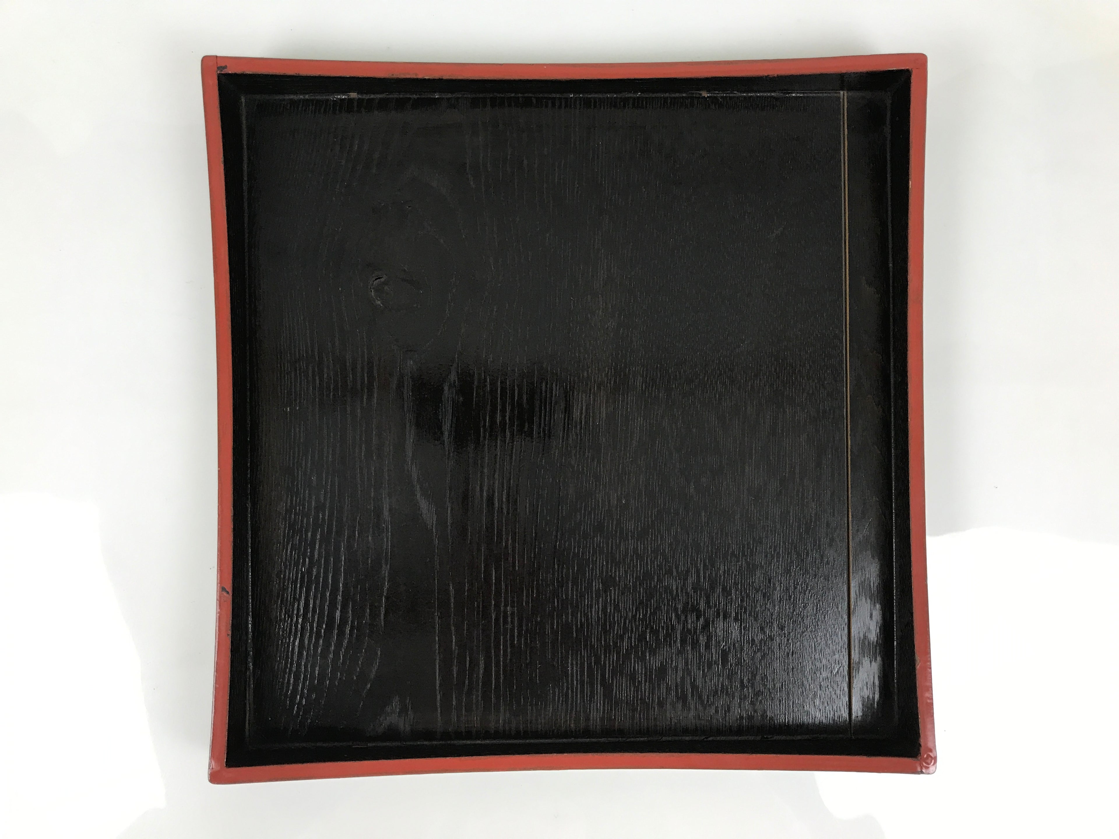 Japanese Lacquered Wood Serving Tray Obon Vtg Square Curved Red Edge Black L582