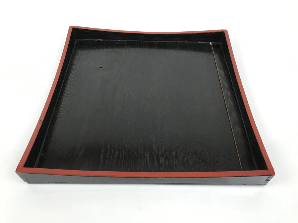 Japanese Lacquered Wood Serving Tray Obon Vtg Square Curved Red Edge Black L582