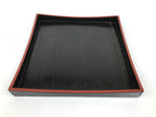 Japanese Lacquered Wood Serving Tray Obon Vtg Square Curved Red Edge Black L582