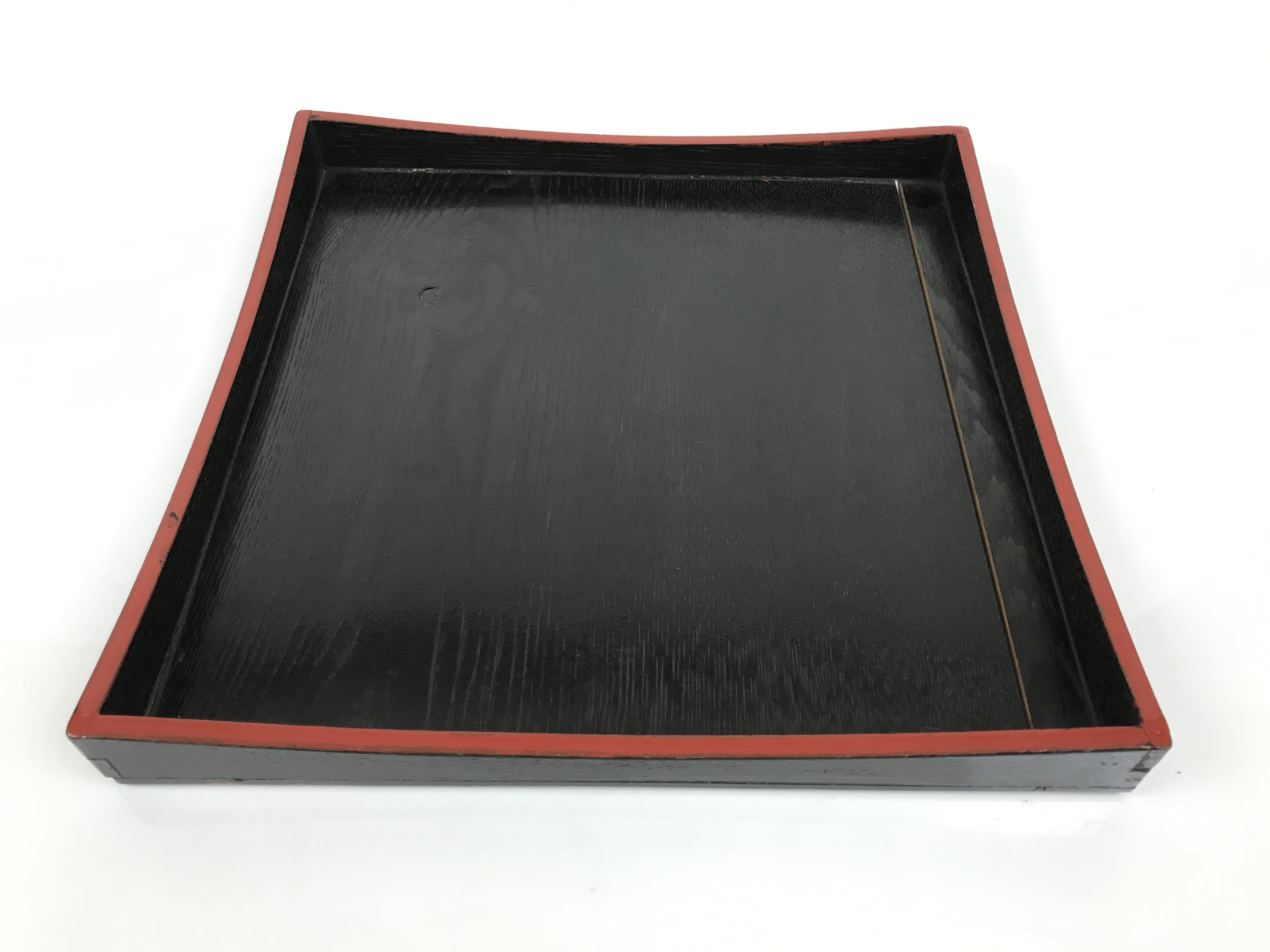 Japanese Lacquered Wood Serving Tray Obon Vtg Square Curved Red Edge Black L582