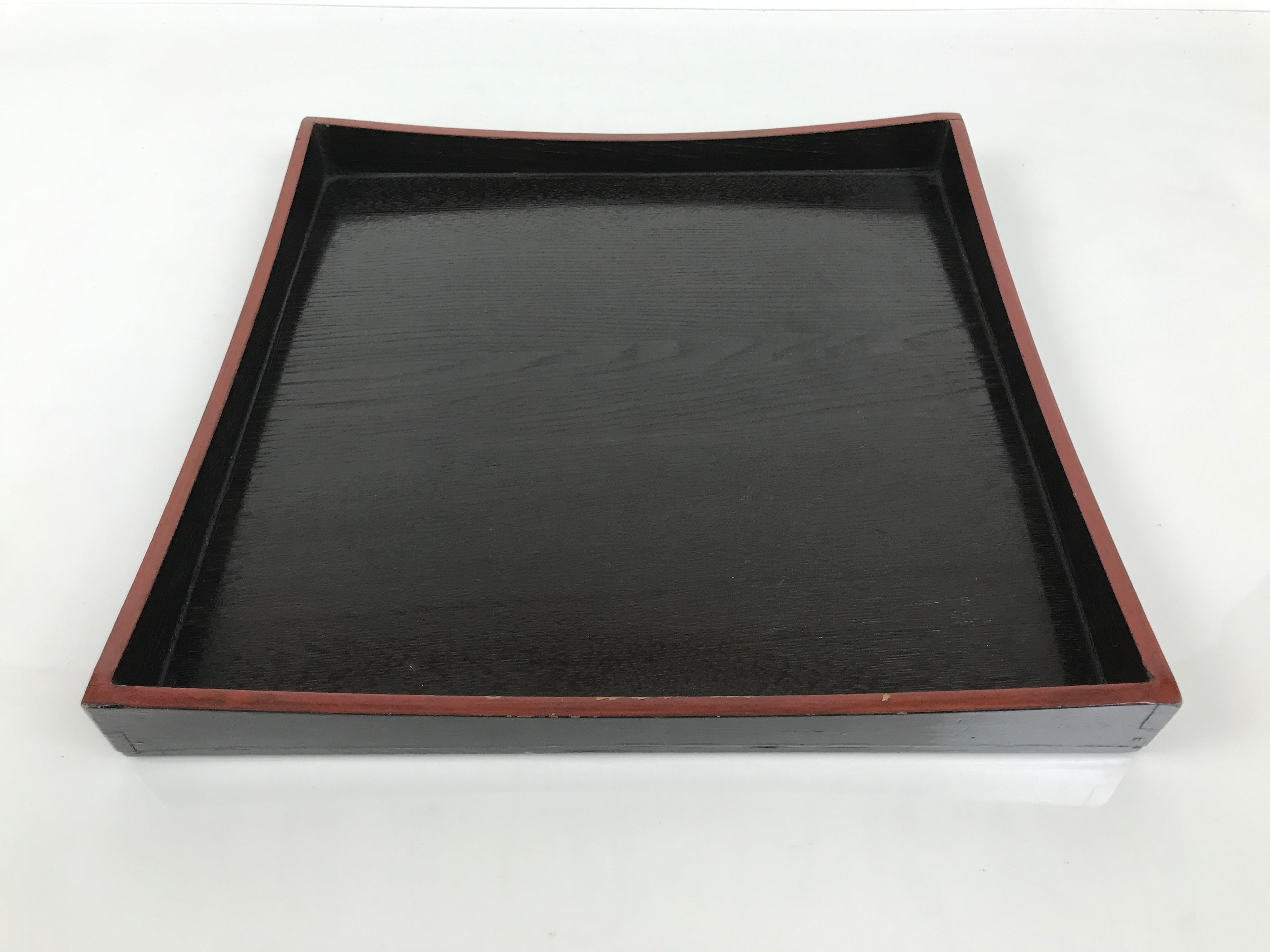 Japanese Lacquered Wood Serving Tray Obon Vtg Square Curved Red Edge Black L583