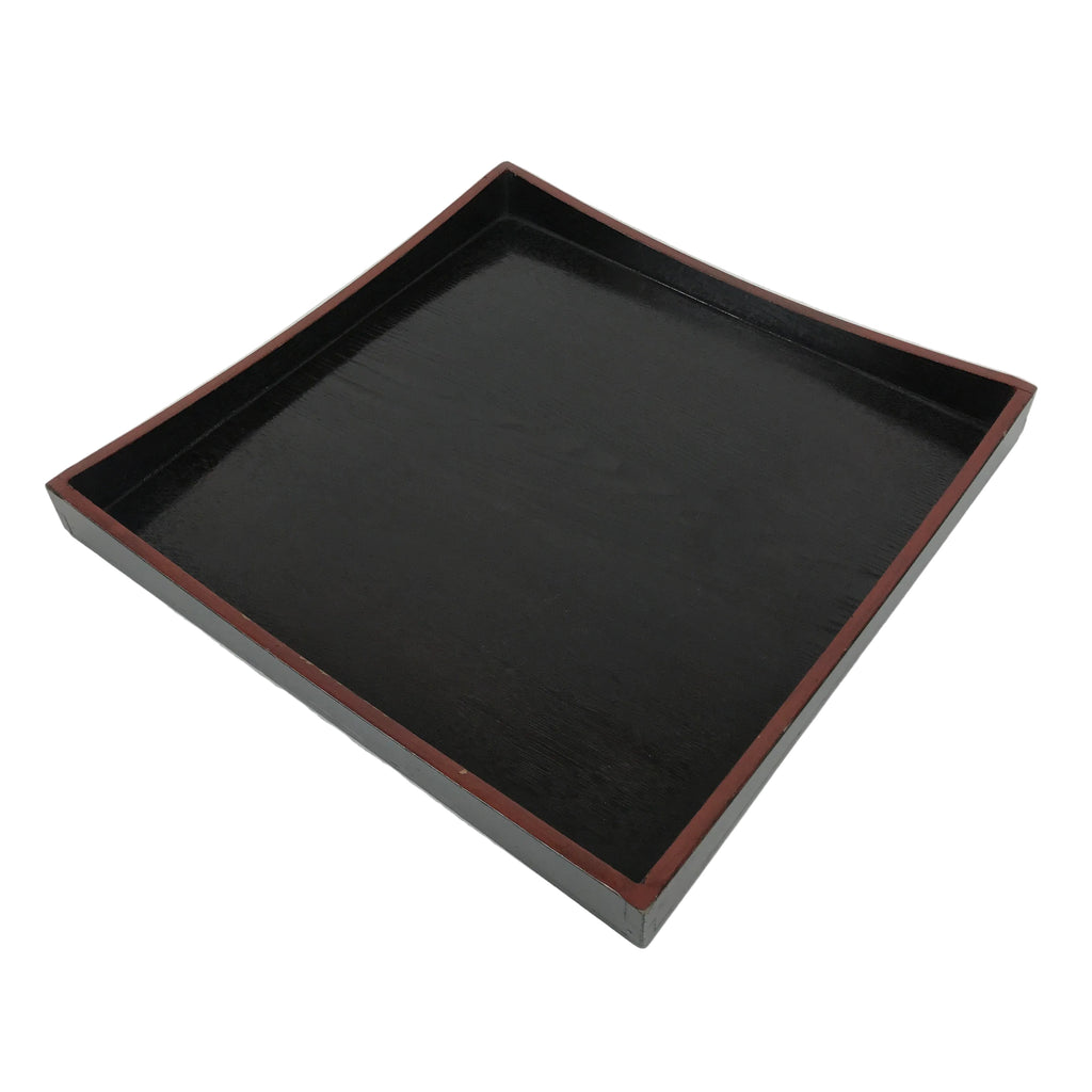 Japanese Lacquered Wood Serving Tray Obon Vtg Square Curved Red Edge Black L583