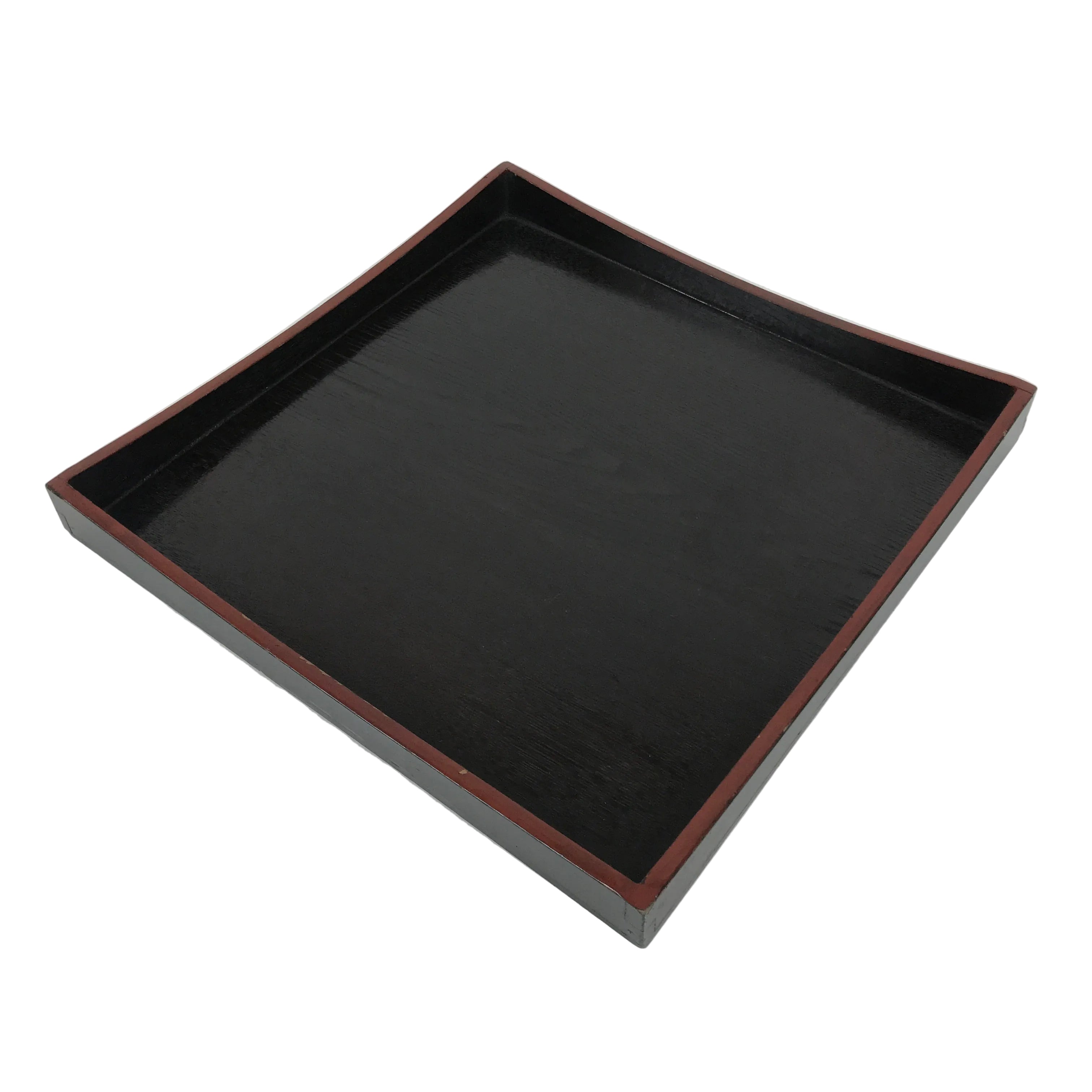 Japanese Lacquered Wood Serving Tray Obon Vtg Square Curved Red Edge Black L583