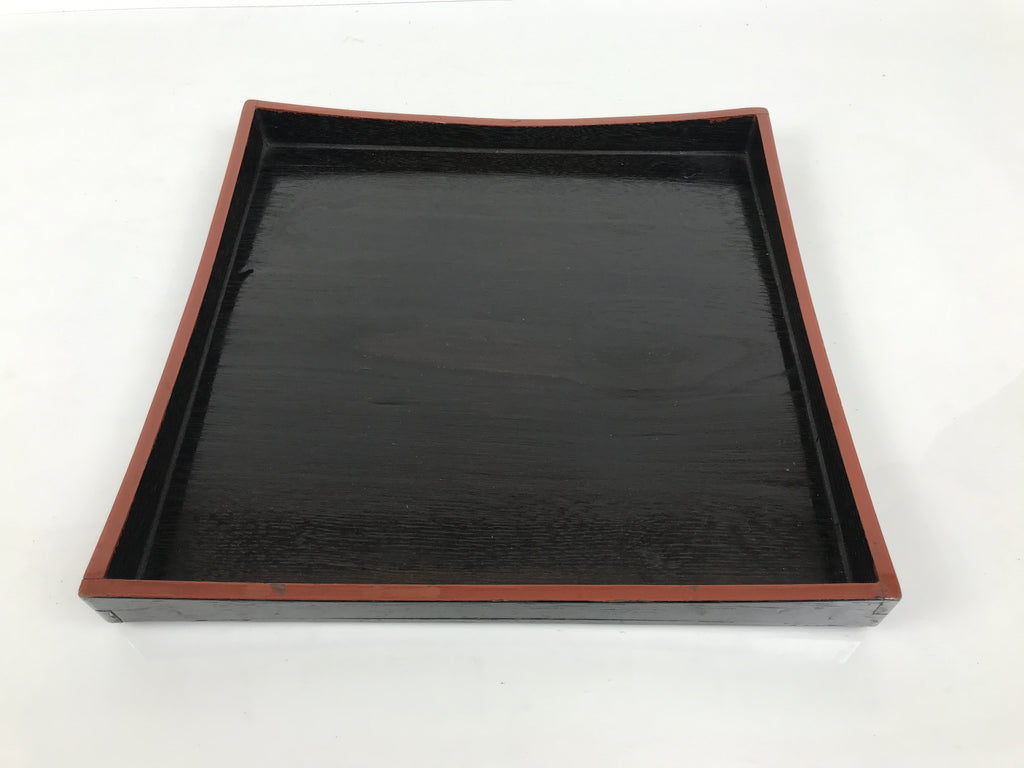 Japanese Lacquered Wood Serving Tray Obon Vtg Square Curved Red Edge Black L613