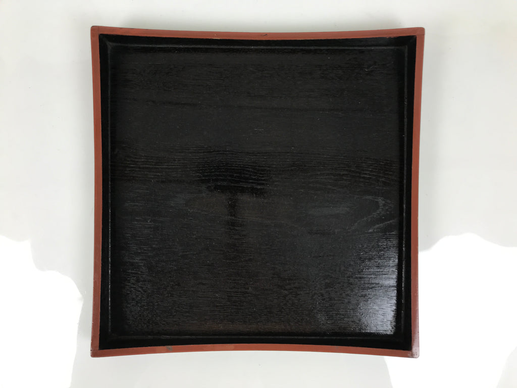 Japanese Lacquered Wood Serving Tray Obon Vtg Square Curved Red Edge Black L613