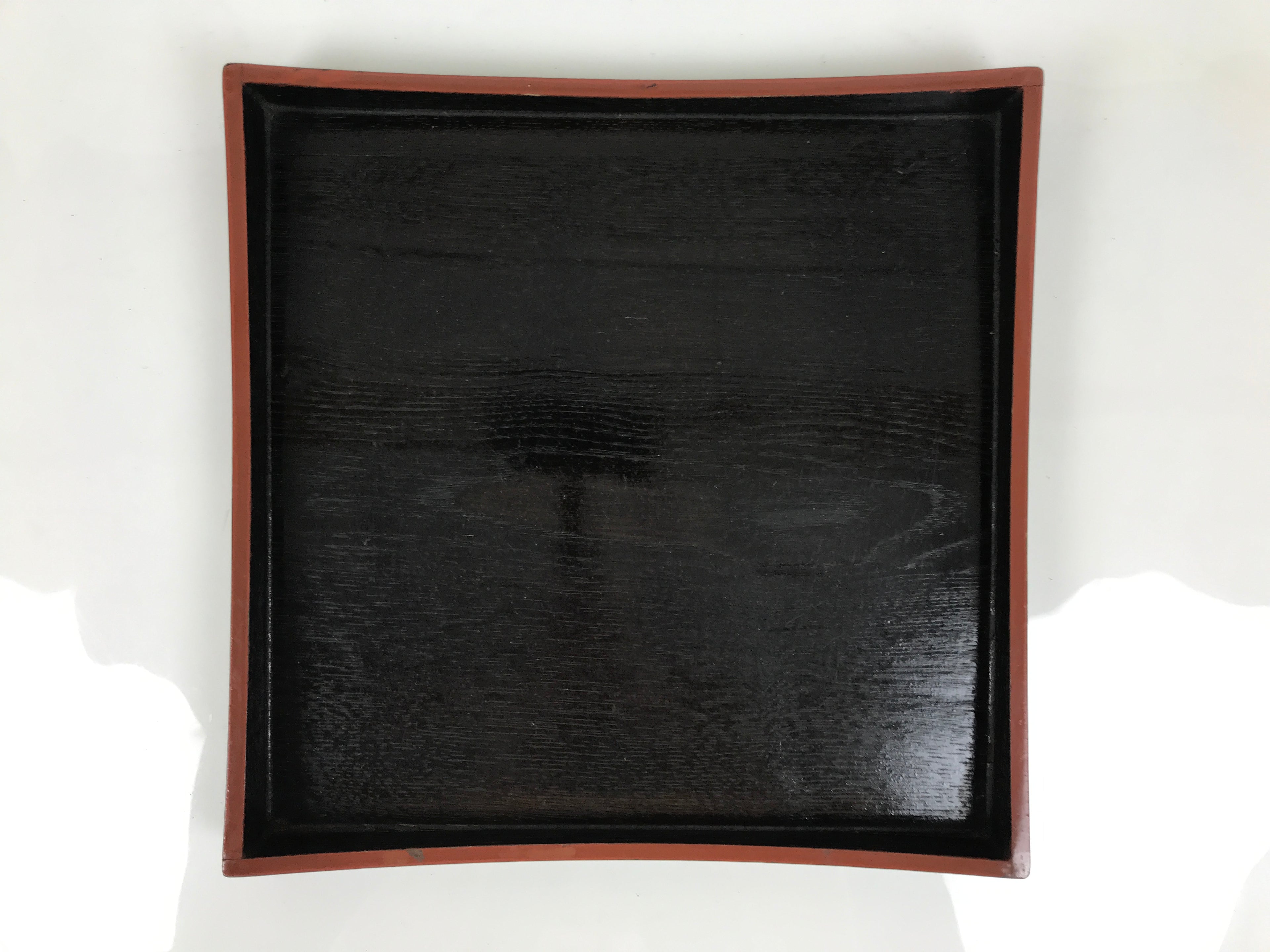 Japanese Lacquered Wood Serving Tray Obon Vtg Square Curved Red Edge Black L613