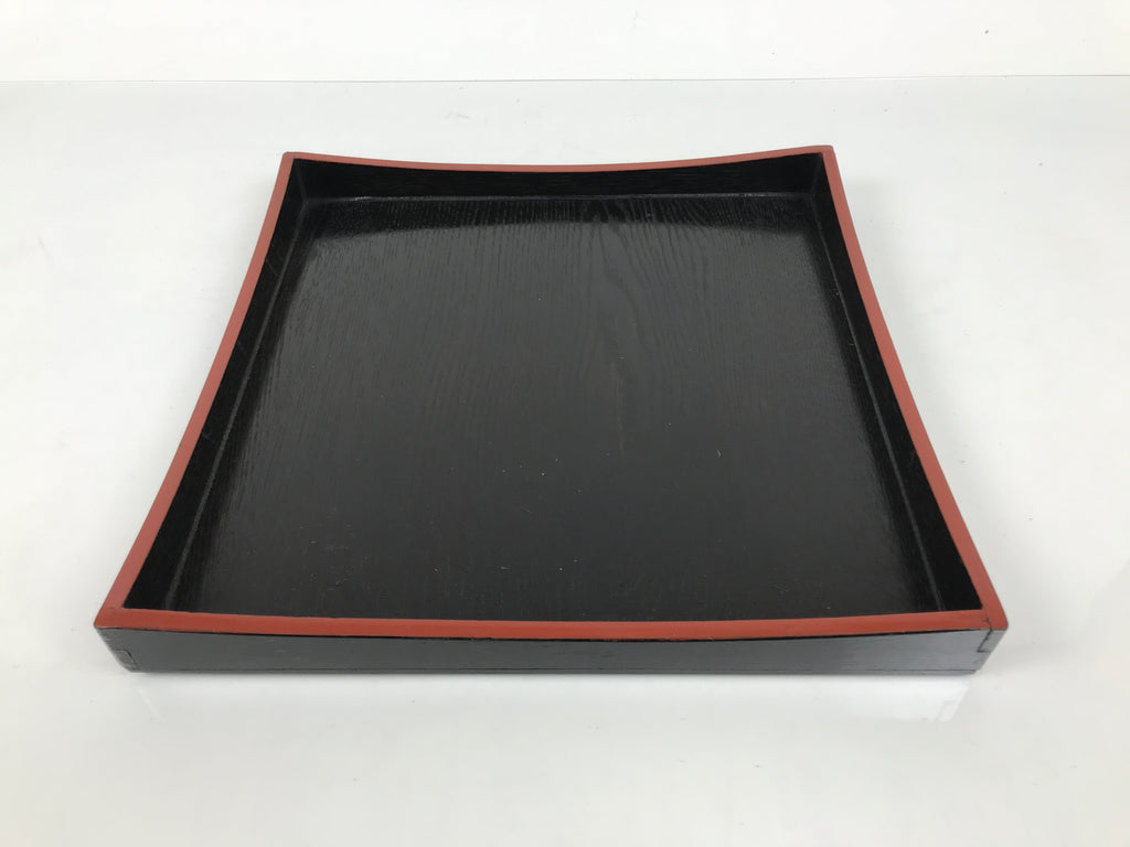 Japanese Lacquered Wood Serving Tray Obon Vtg Square Curved Red Edge Black L614