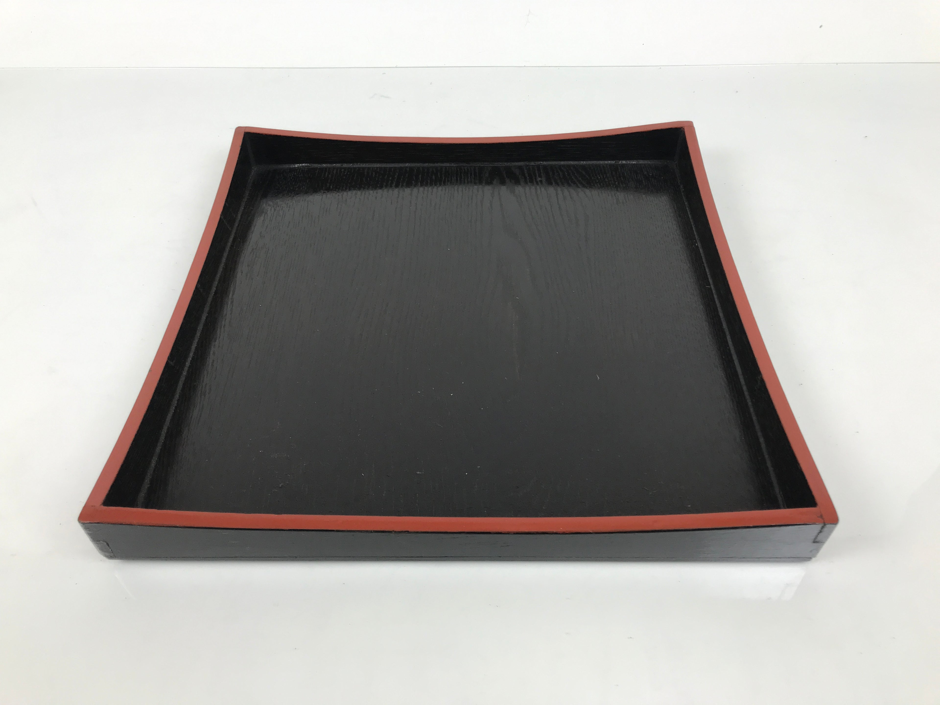 Japanese Lacquered Wood Serving Tray Obon Vtg Square Curved Red Edge Black L614