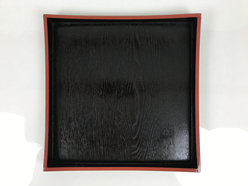 Japanese Lacquered Wood Serving Tray Obon Vtg Square Curved Red Edge Black L614